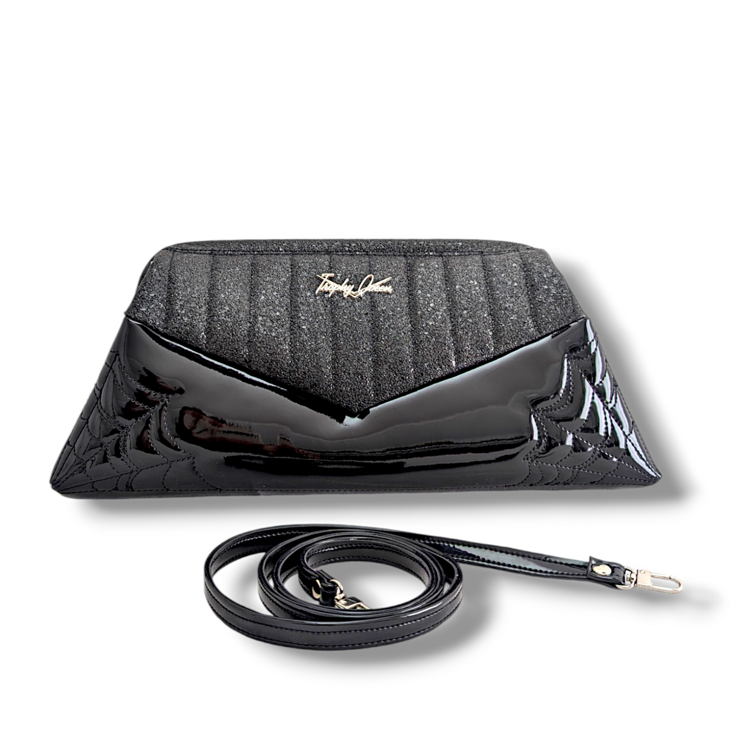 Lucille Spider Web Clutch Bag - Black Gloss / Black Asphalt - Leopard Lining
