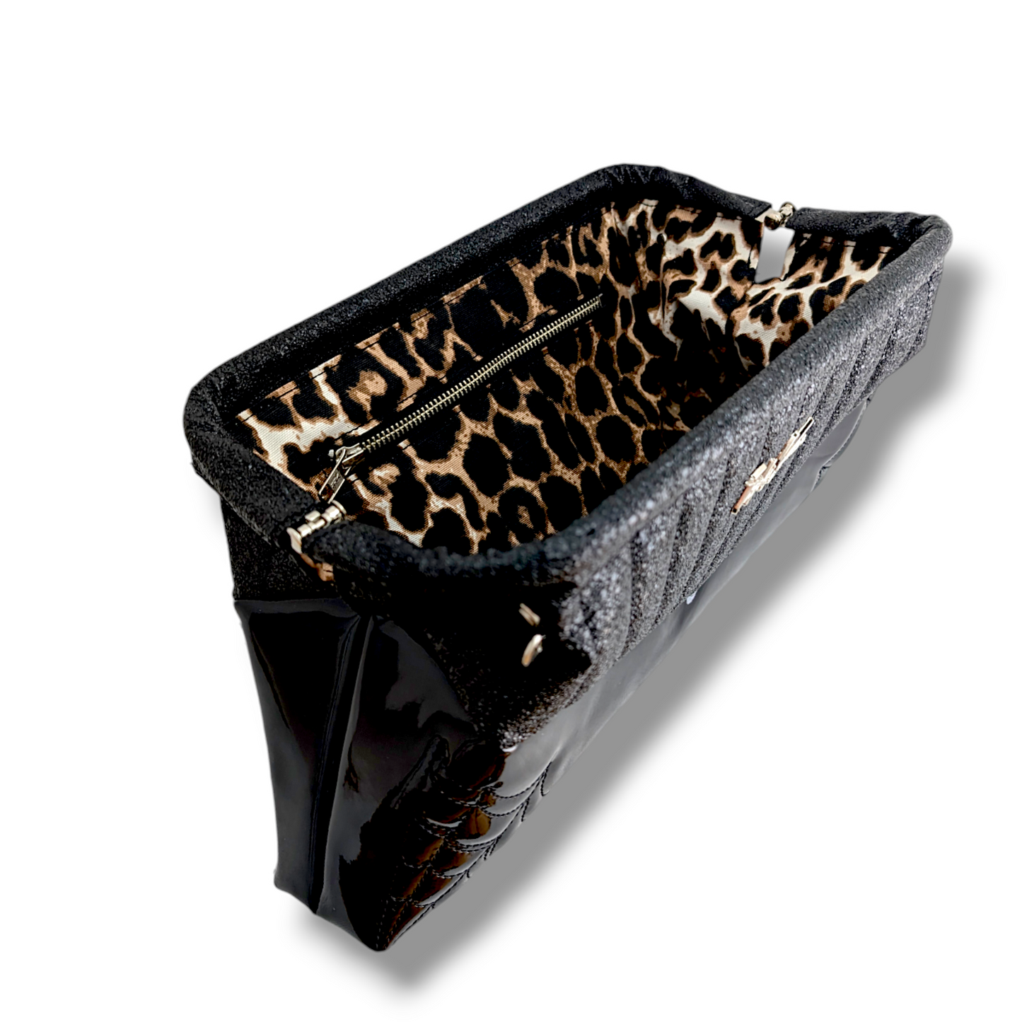 Lucille Spider Web Clutch Bag - Black Gloss / Black Asphalt - Leopard Lining