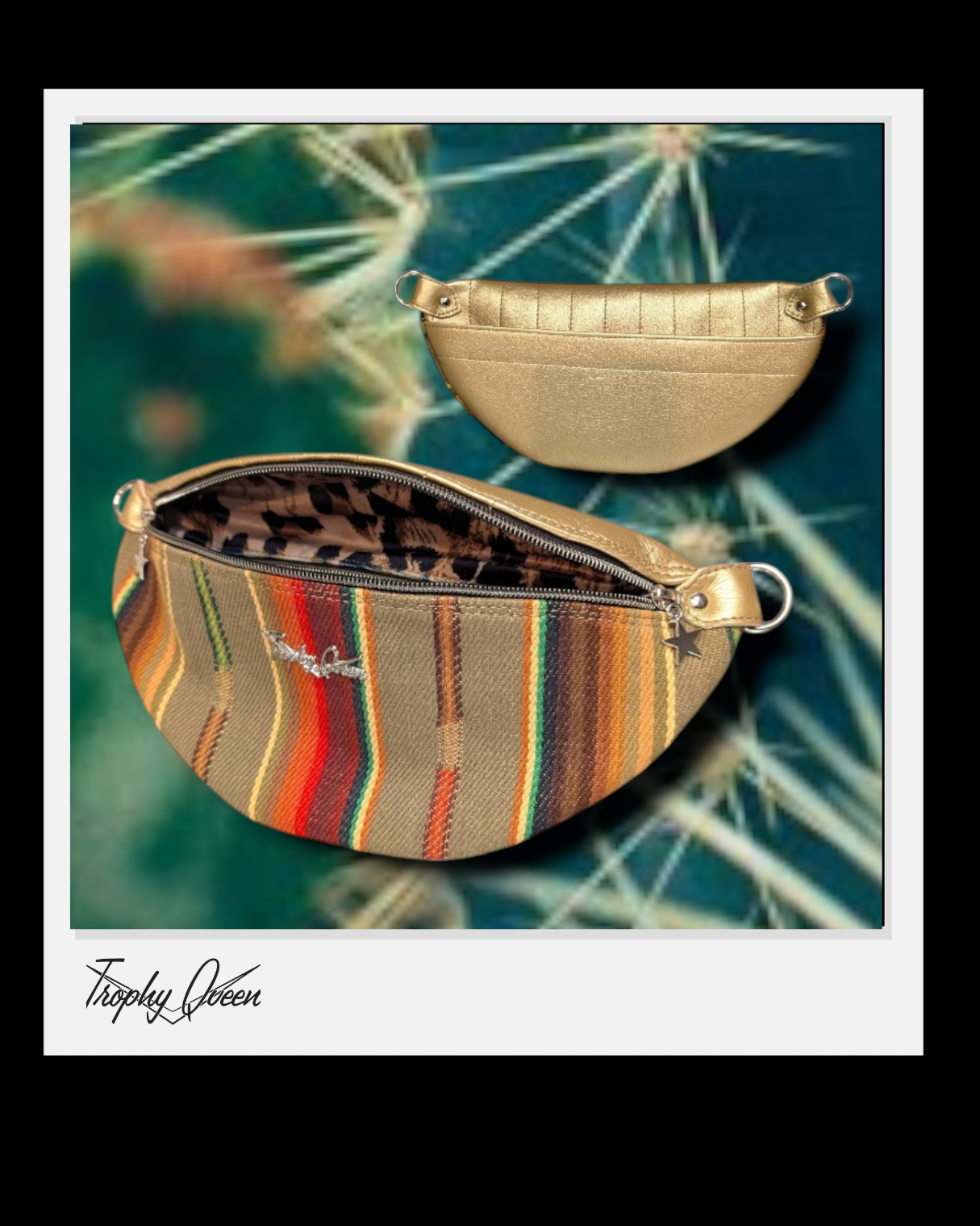 Fanny Pack Hip Bag Made in Gold Python Vinyl and Tan Serape Print Fabric with Leopard Lining and Back View