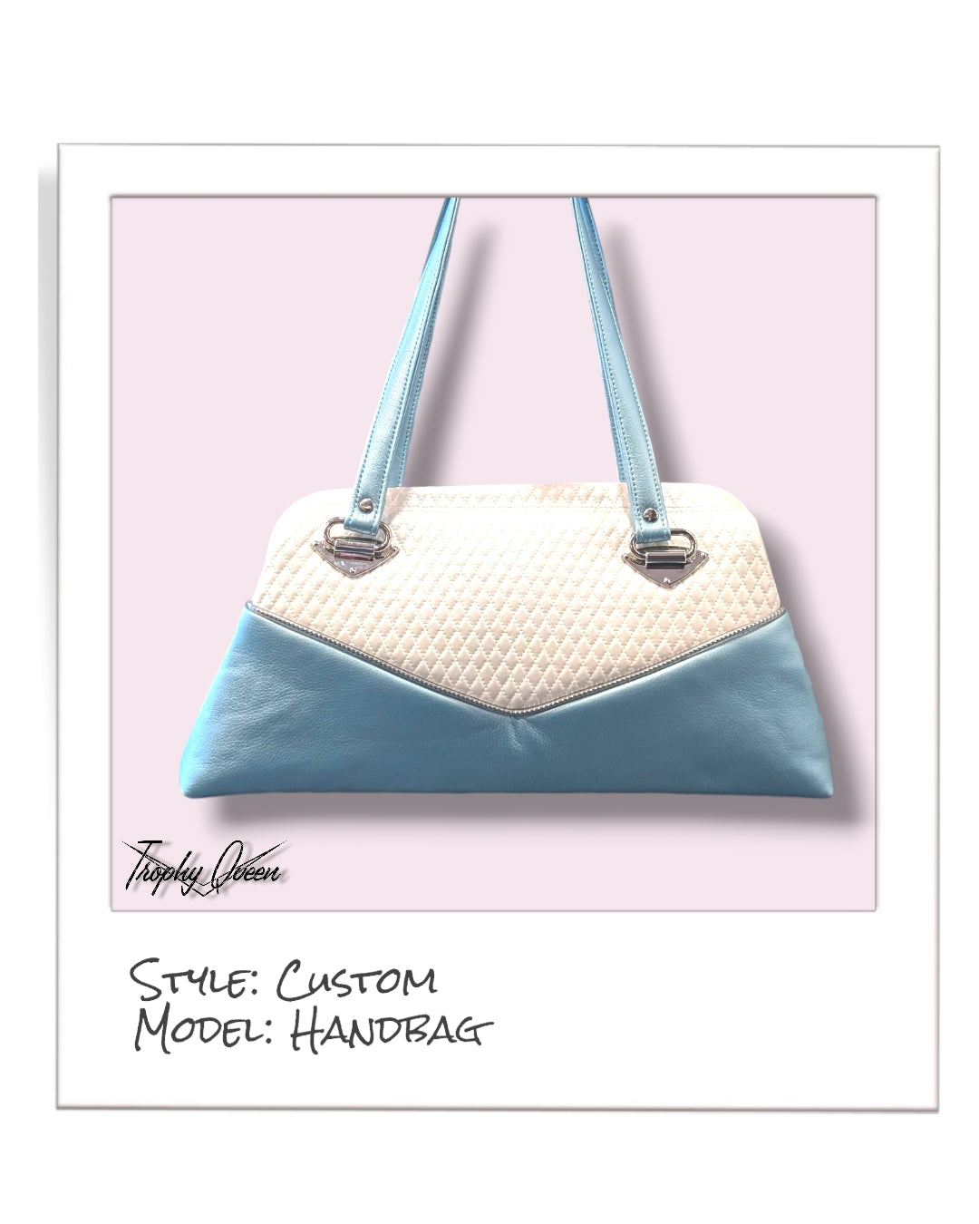 Custom Handbag - Pearl Powder Blue / Pearl White Diamond Pleat - Leopard Lining