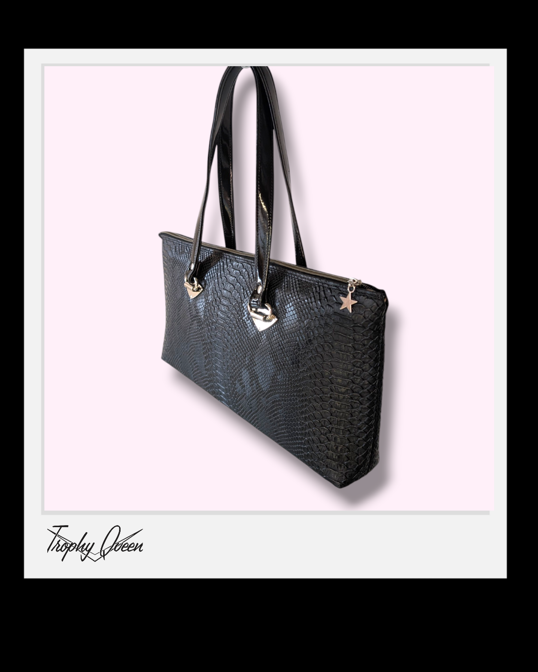 Zipper Handbag - Black Croc with Green Serape Bolts / Leopard Satin Lining