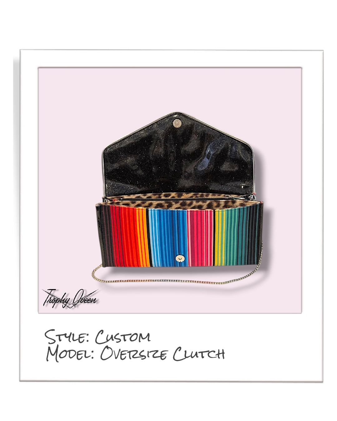 Oversize Clutch / Shoulder Bag - Fiesta Print / Coal Black Glitter - Velvet Leo Lining