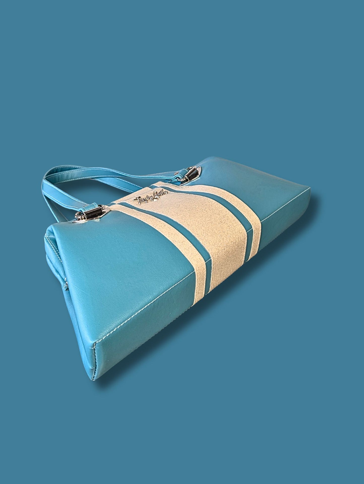 Racing Stripe Bag - Turquoise Blue Leatherette / White Flake Stripes - Checkerboard Lining