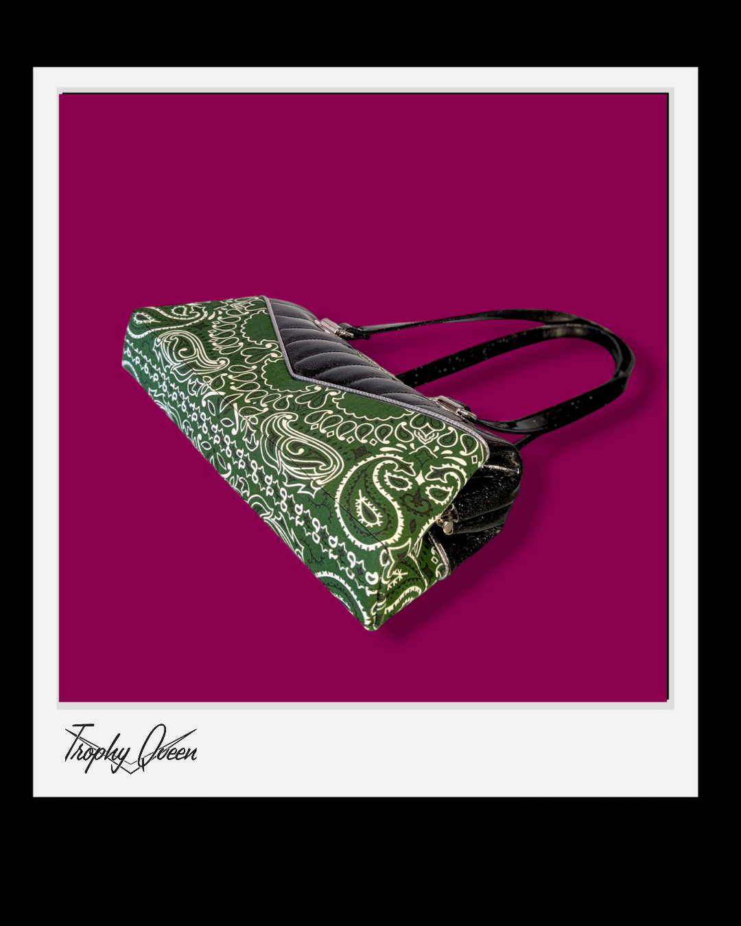 Bandana Handbag - Green & Coal Black Flake / Leopard Satin Lining