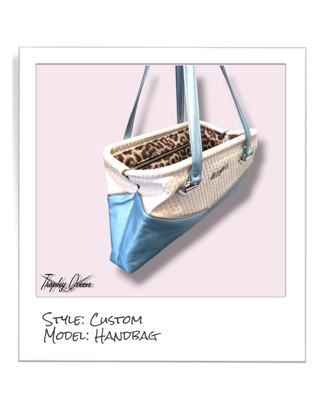 Custom Handbag - Pearl Powder Blue / Pearl White Diamond Pleat - Leopard Lining
