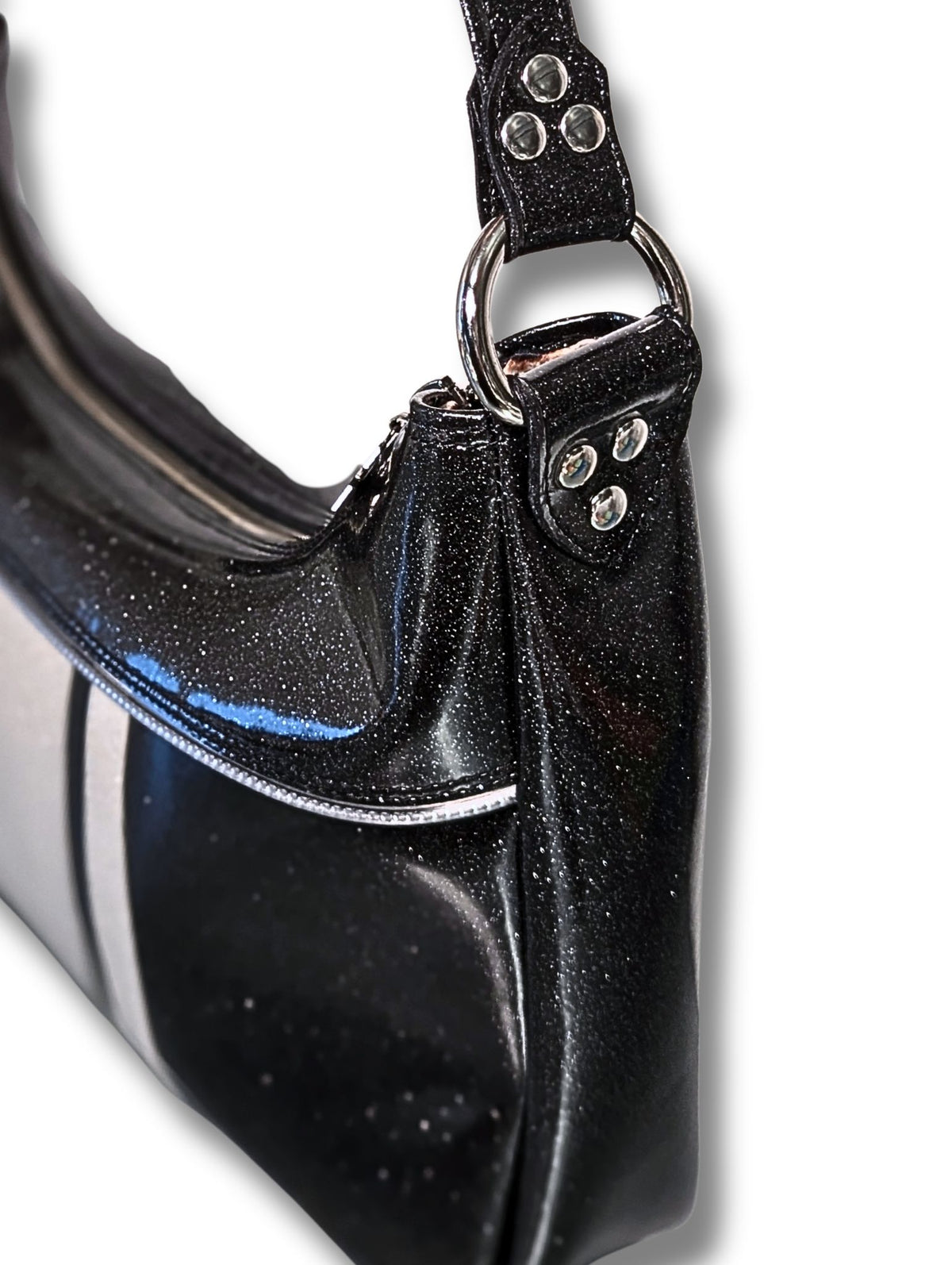 Racing Stripe Hobo Bag - Coal Black & White Flake / Satin Leopard Lining