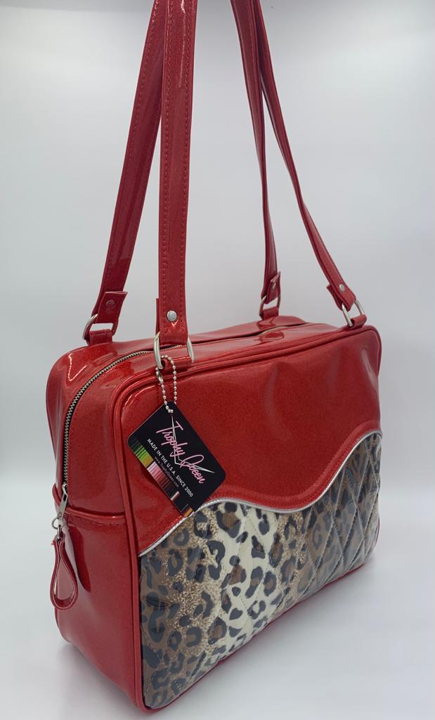 Diamond Pleat Tuck and Roll Business Bag - Leopard / Bright Red Glitter - Leopard Lining
