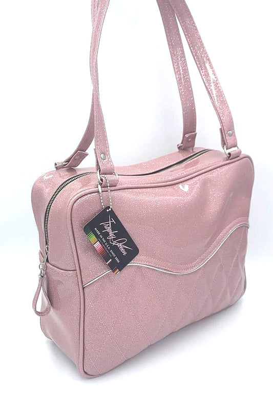 Diamond Pleat Tuck and Roll Business Bag - Blush Pink Glitter Vinyl / Leopard Lining