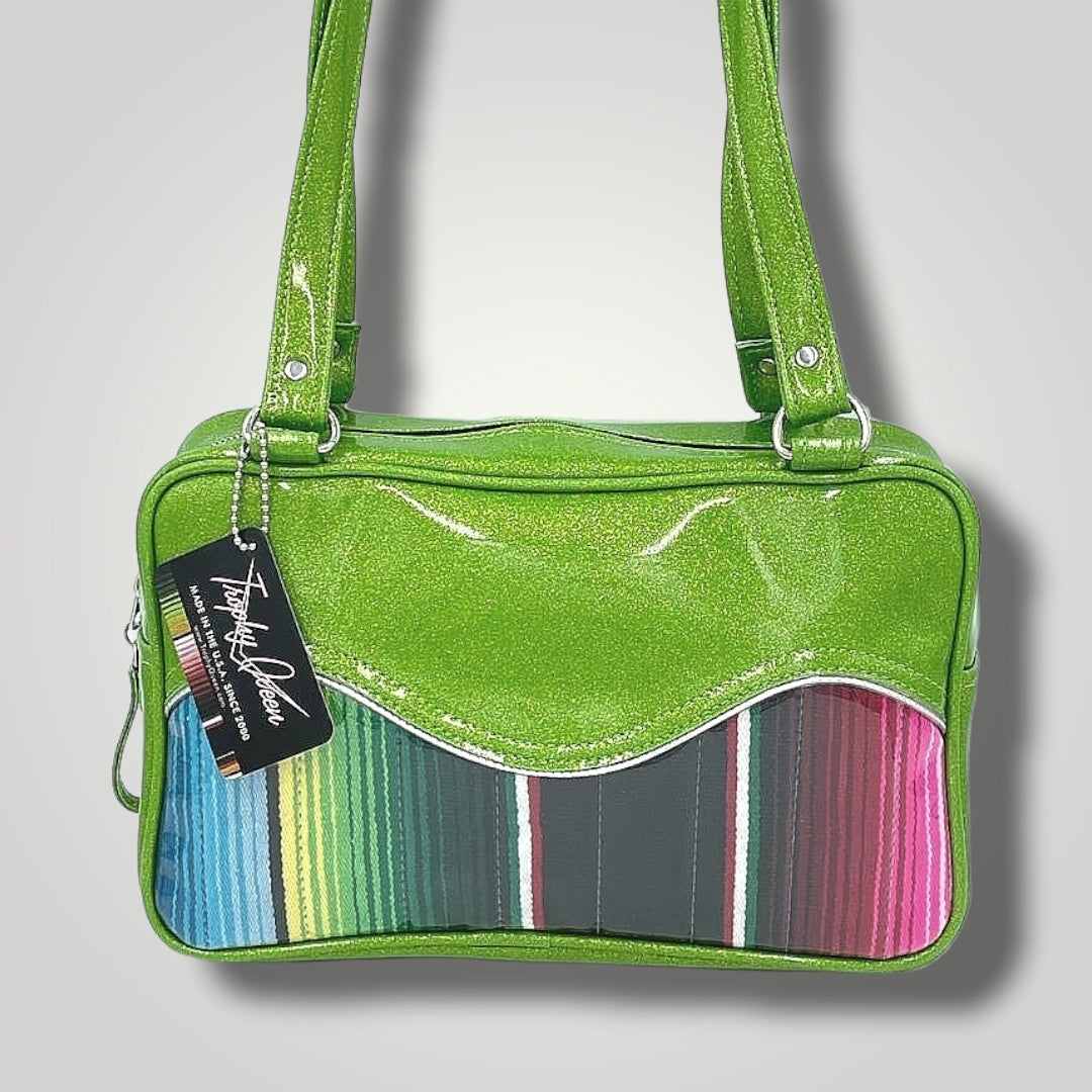 Tuck and Roll Tote Bag - Mexican Blanket / Lime Glitter Vinyl - Leopard Lining