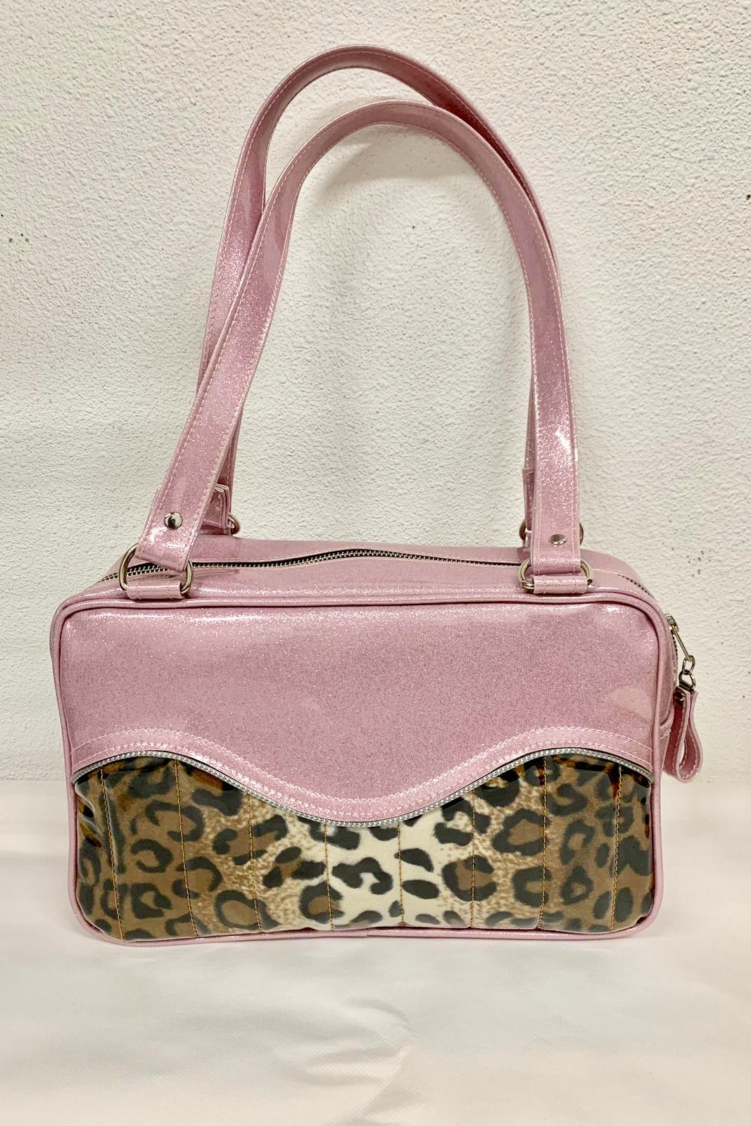 Tuck and Roll Tote Bag - Leopard with Clear Overlay / Blush Pink Glitter Vinyl - Leopard Lining