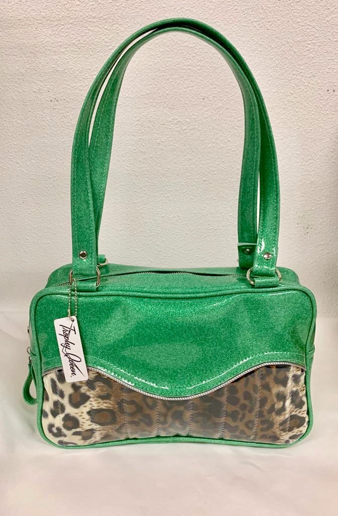 Tuck and Roll Tote Bag - Leopard / Sea Foam Green Glitter Vinyl - Leopard Lining