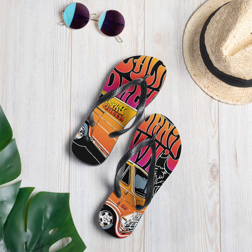The perfect beach shoe, these California Dreamin' Artwork by American Artist Jason Cruz flip-flops with rubber soles and soft fabric lining these flip flops are sure to make you feel comfortable and look cool wherever your day takes you.