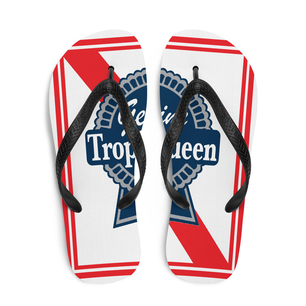 Prepare for an adventurous and carefree summer with a pair of colorful Trophy Queen Blue Ribbon logo with rubber soles and soft fabric lining these flip flops are sure to make you feel comfortable wherever your day takes you.