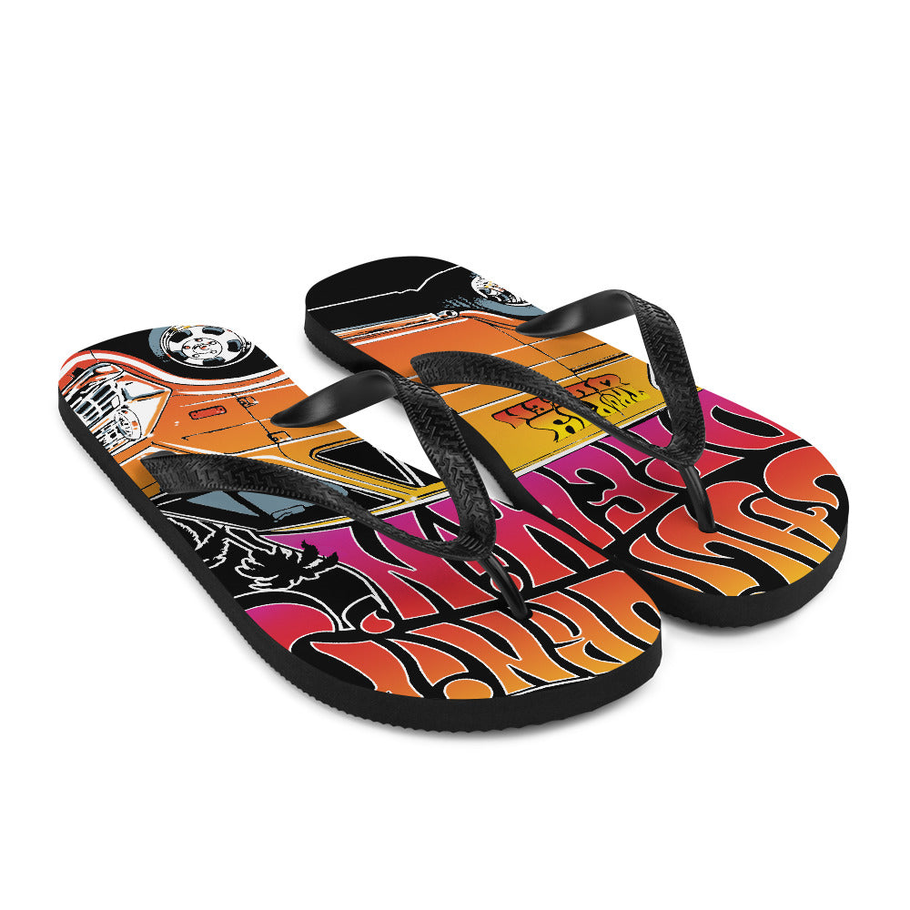 The perfect beach shoe, these California Dreamin' Artwork by American Artist Jason Cruz flip-flops with rubber soles and soft fabric lining these flip flops are sure to make you feel comfortable and look cool wherever your day takes you.