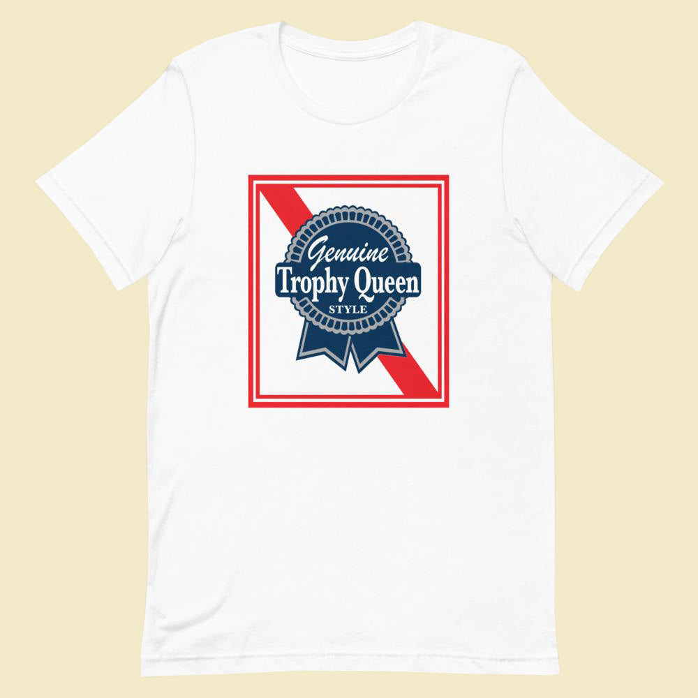 Trophy Queen Blue Ribbon Logo Artwork by American Artist Keven Carter on soft and lightweight, white 100% combed and ring-spun preshrunk cotton. This t-shirt is everything you've dreamed of and more. It feels soft and lightweight, with the right amount of stretch. It's comfortable and flattering for both men and women. Note, other colors different cotton polyester blends