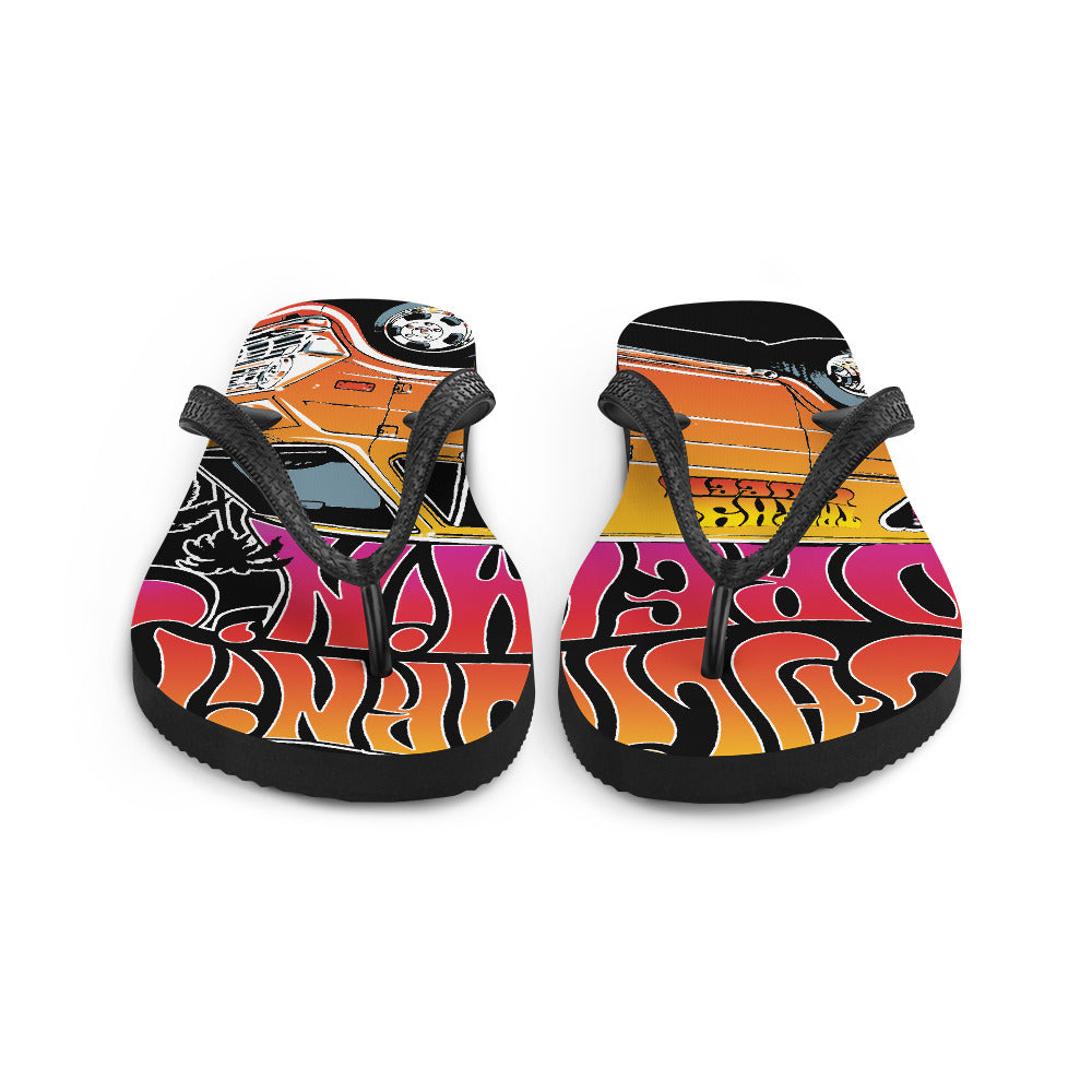 The perfect beach shoe, these California Dreamin' Artwork by American Artist Jason Cruz flip-flops with rubber soles and soft fabric lining these flip flops are sure to make you feel comfortable and look cool wherever your day takes you.
