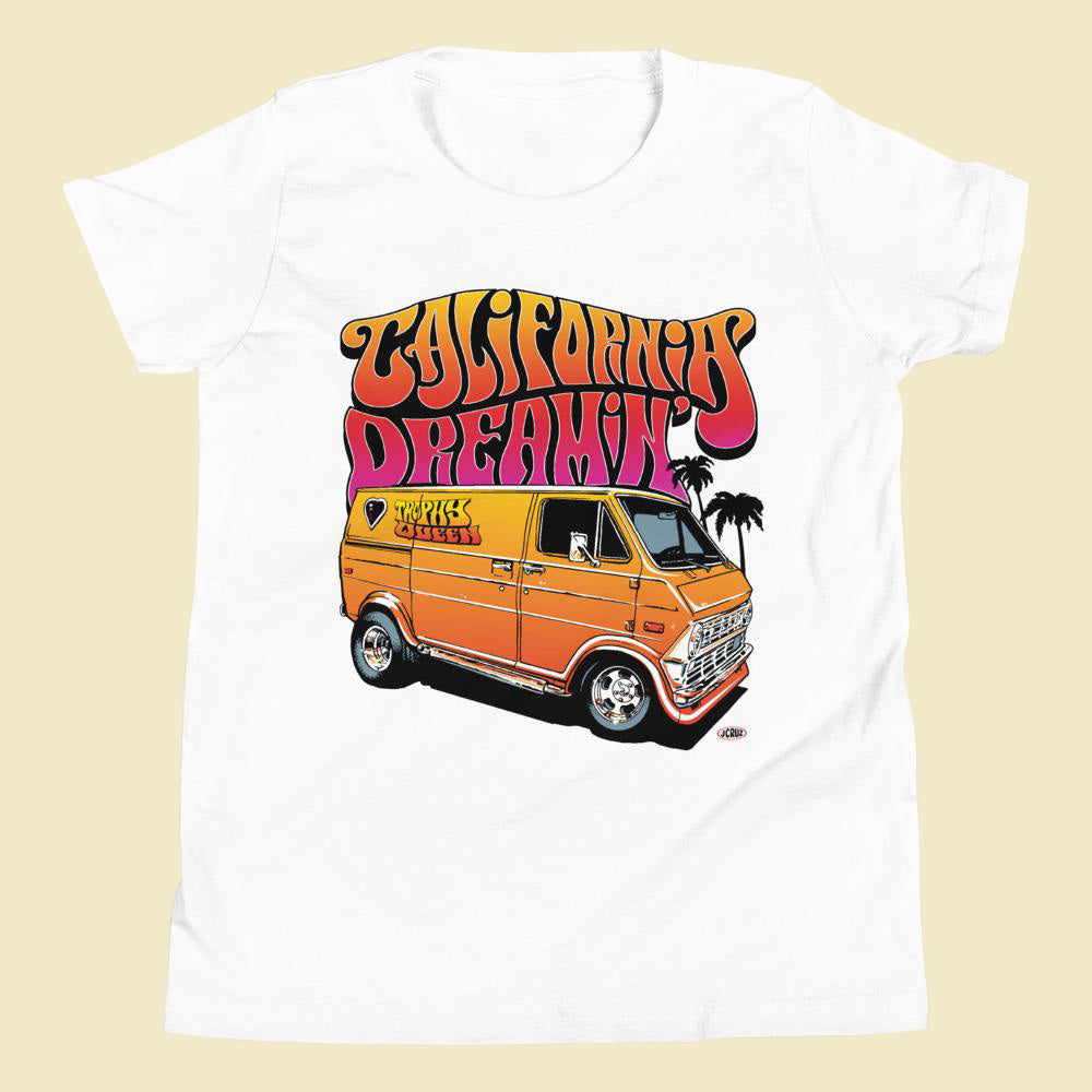 This Trophy Queen California Dreamin' Logo T-shirt by American Artist Jason Cruz shirt is the tee that you've been looking for. It's light, soft, and comes with a unique design that stands out from the crowd wherever you go! Made of 100% soft jersey preshrunk cotton and relaxed fit, it's bound to become a favorite in any youngster's wardrobe. Note, other colors different cotton polyester blends