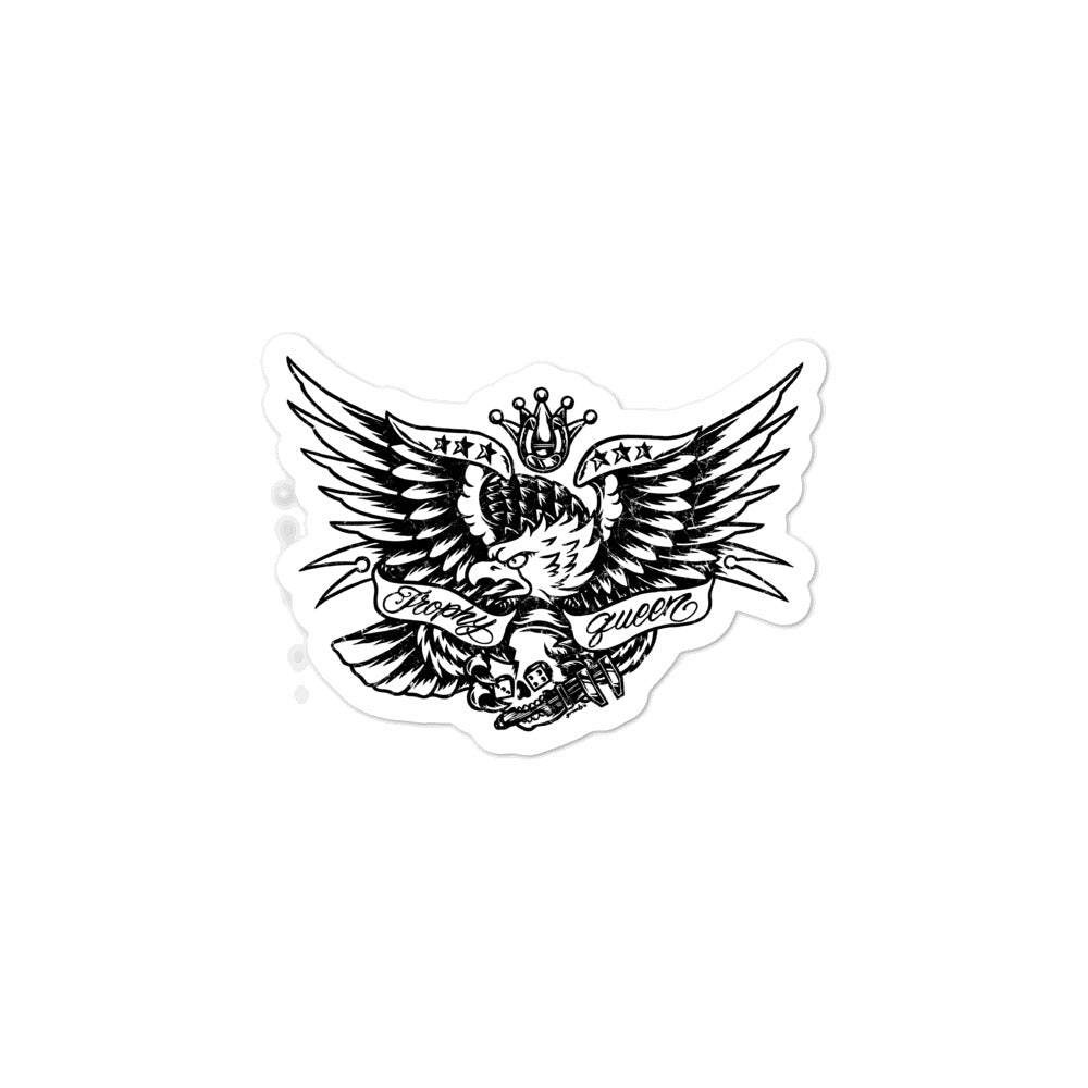 Trophy Queen Eagle Design by Japanese Artist GRIMM kiss cut stickers are printed on durable, high opacity adhesive vinyl which makes them perfect for regular indoor use as well as for covering other stickers or paint. The high-quality vinyl ensures fast and easy bubble-free application.