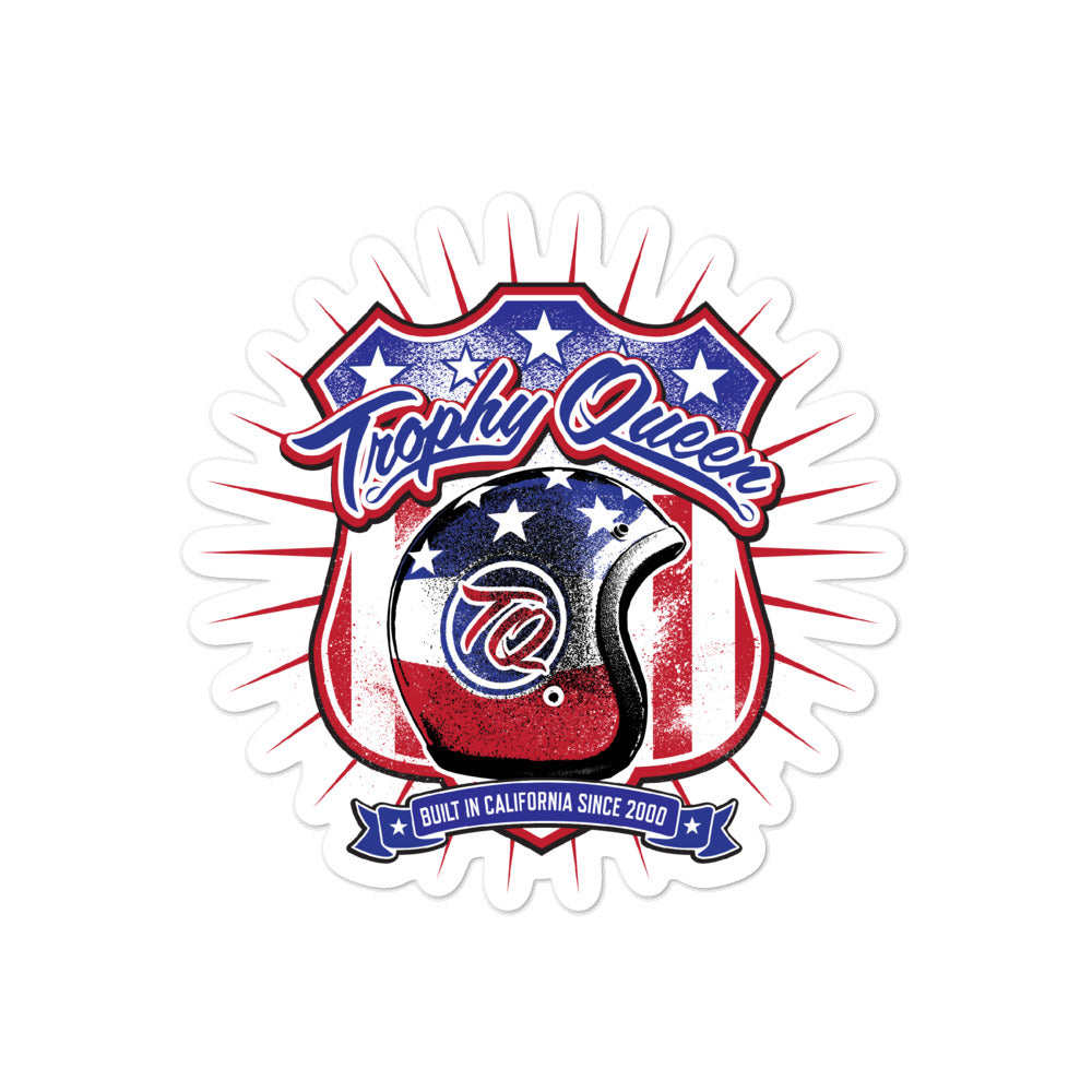 Trophy Queen Helmet Logo by American Artist Keven Carter kiss cut stickers are printed on durable, high opacity adhesive vinyl which makes them perfect for regular indoor use as well as for covering other stickers or paint. The high-quality vinyl ensures fast and easy bubble-free application.