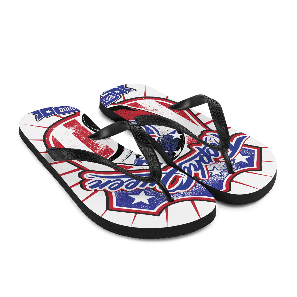 Prepare for an adventurous and carefree summer with a pair of colorful slippers that are created just for you! The perfect beach shoe, these Trophy Queen Helmet Logo by American Artist Keven Carter flip-flops with rubber soles and soft fabric lining these slippers are sure to make you feel comfortable and look cool wherever your day takes you.