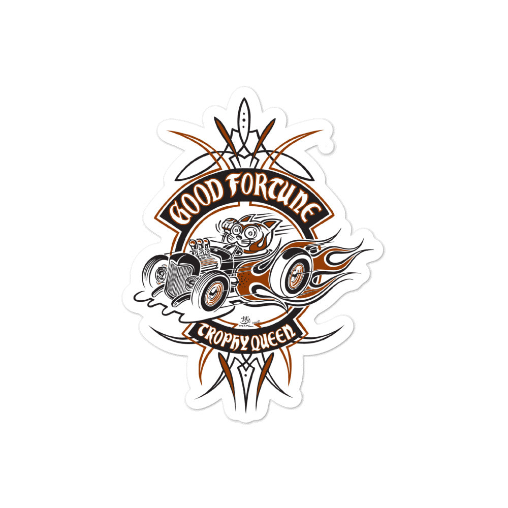 Trophy Queen Good Fortune Sticker by Japanese Artist Makoto kiss cut stickers are printed on durable, high opacity adhesive vinyl which makes them perfect for regular indoor use as well as for covering other stickers or paint. The high-quality vinyl ensures fast and easy bubble-free application.
