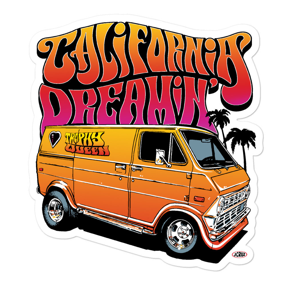 Trophy Queen California Dreamin' Logo by American Artist Jason Cruz kiss cut stickers are printed on durable, high opacity adhesive vinyl which makes them perfect for regular indoor use as well as for covering other stickers or paint. The high-quality vinyl ensures fast and easy bubble-free application.