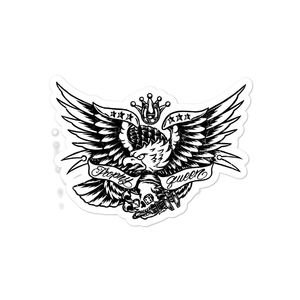 Trophy Queen Eagle Design by Japanese Artist GRIMM kiss cut stickers are printed on durable, high opacity adhesive vinyl which makes them perfect for regular indoor use as well as for covering other stickers or paint. The high-quality vinyl ensures fast and easy bubble-free application.