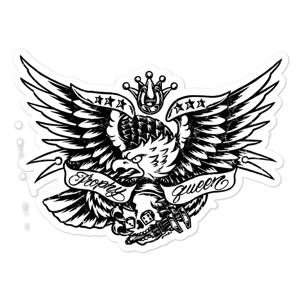 Trophy Queen Eagle Design by Japanese Artist GRIMM kiss cut stickers are printed on durable, high opacity adhesive vinyl which makes them perfect for regular indoor use as well as for covering other stickers or paint. The high-quality vinyl ensures fast and easy bubble-free application.