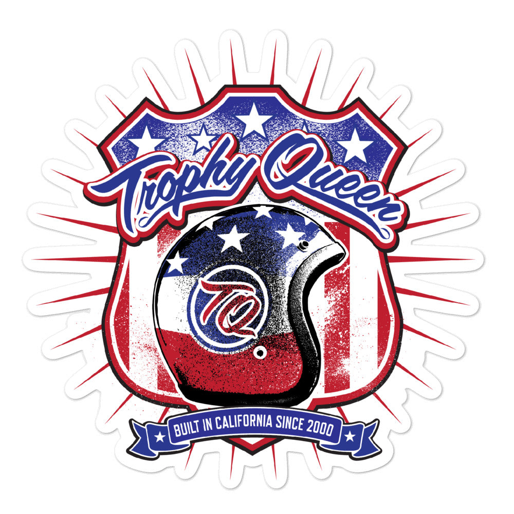 Trophy Queen Helmet Logo by American Artist Keven Carter kiss cut stickers are printed on durable, high opacity adhesive vinyl which makes them perfect for regular indoor use as well as for covering other stickers or paint. The high-quality vinyl ensures fast and easy bubble-free application.