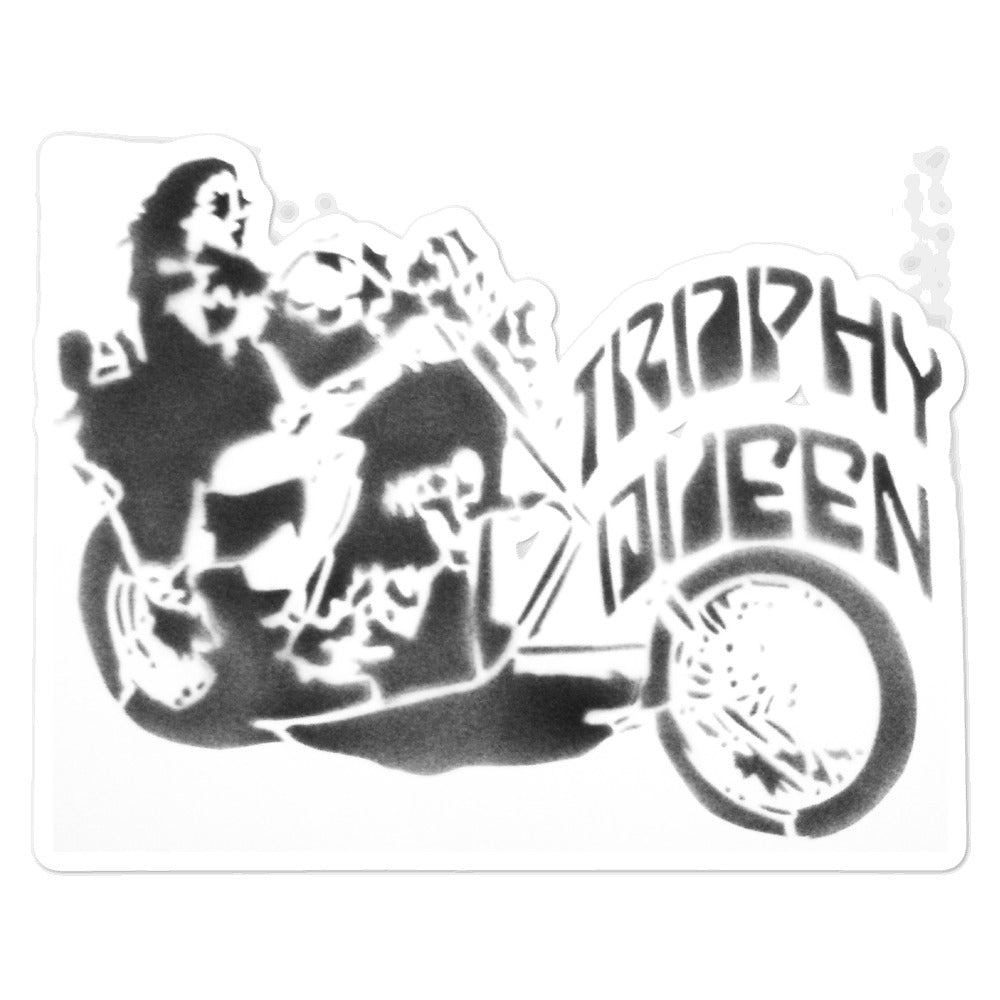 Trophy Queen Chopper Stencil Art by American Artist Scott Rockland kiss cut stickers are printed on durable, high opacity adhesive vinyl which makes them perfect for regular indoor use as well as for covering other stickers or paint. The high-quality vinyl ensures fast and easy bubble-free application.