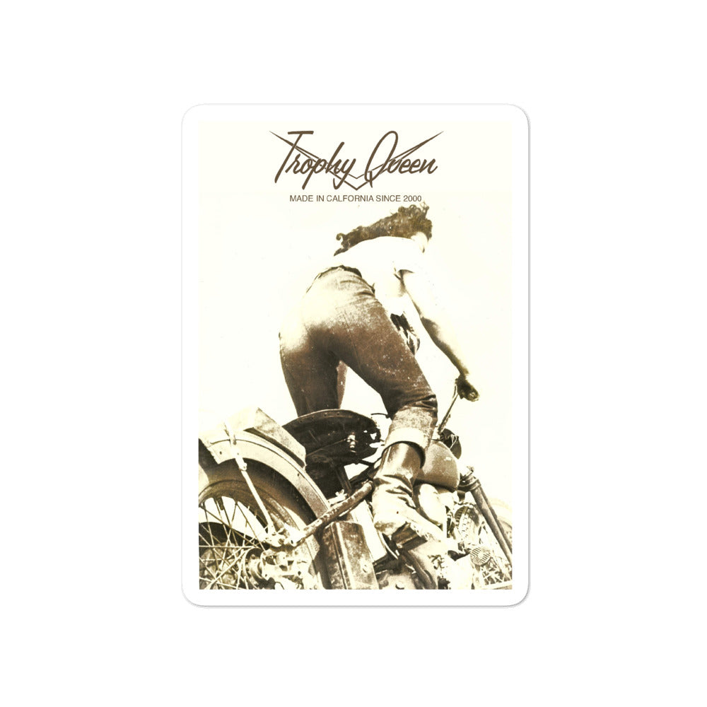 Trophy Queen Motogirl Sticker kiss cut stickers are printed on durable, high opacity adhesive vinyl which makes them perfect for regular indoor use as well as for covering other stickers or paint. The high-quality vinyl ensures fast and easy bubble-free application.
