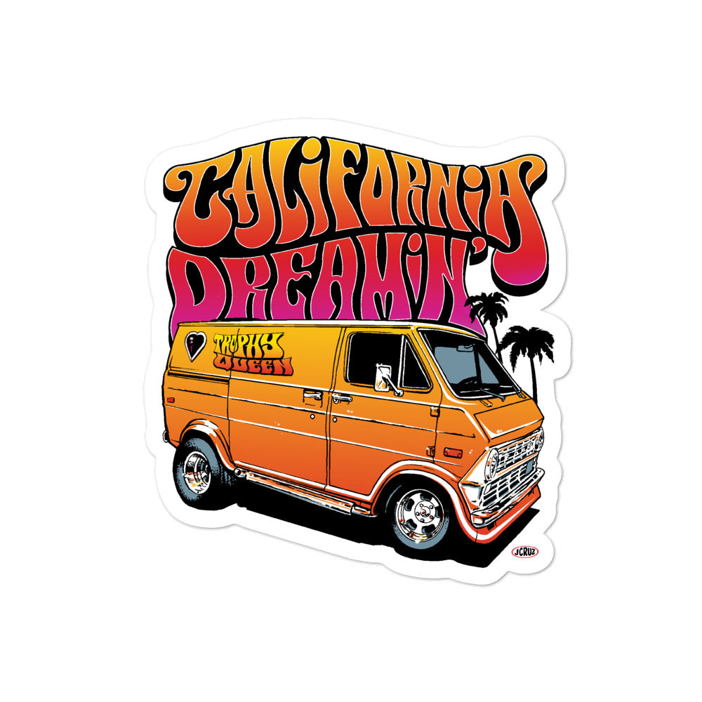 Trophy Queen California Dreamin' Logo by American Artist Jason Cruz kiss cut stickers are printed on durable, high opacity adhesive vinyl which makes them perfect for regular indoor use as well as for covering other stickers or paint. The high-quality vinyl ensures fast and easy bubble-free application.