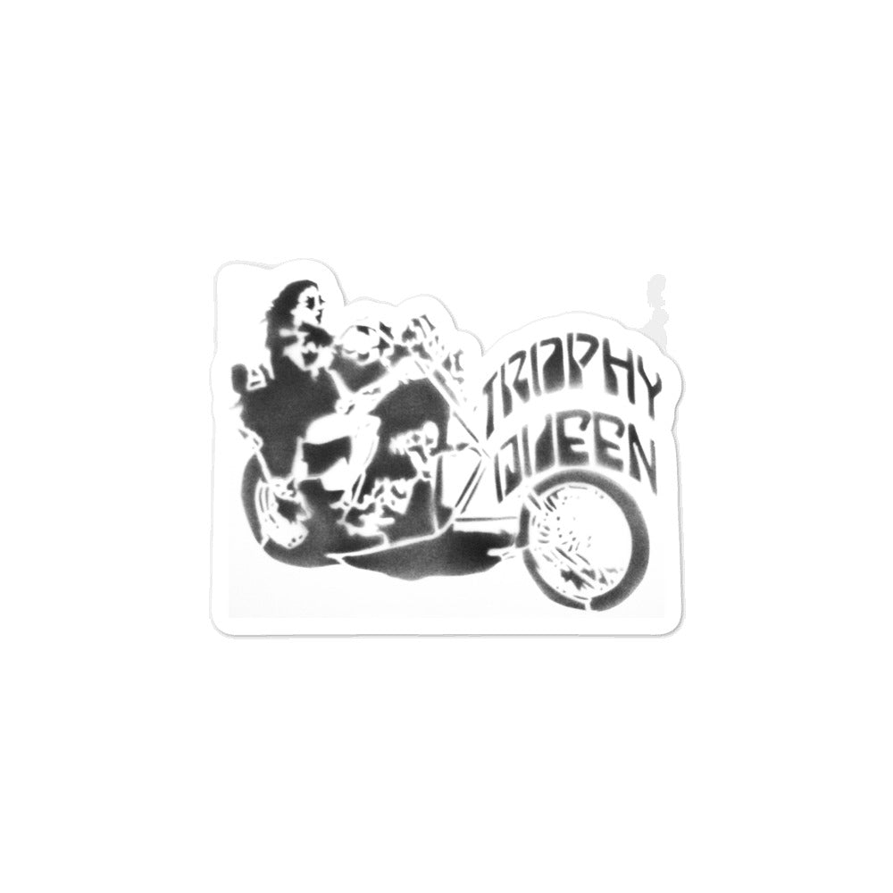 Trophy Queen Chopper Stencil Art by American Artist Scott Rockland kiss cut stickers are printed on durable, high opacity adhesive vinyl which makes them perfect for regular indoor use as well as for covering other stickers or paint. The high-quality vinyl ensures fast and easy bubble-free application.