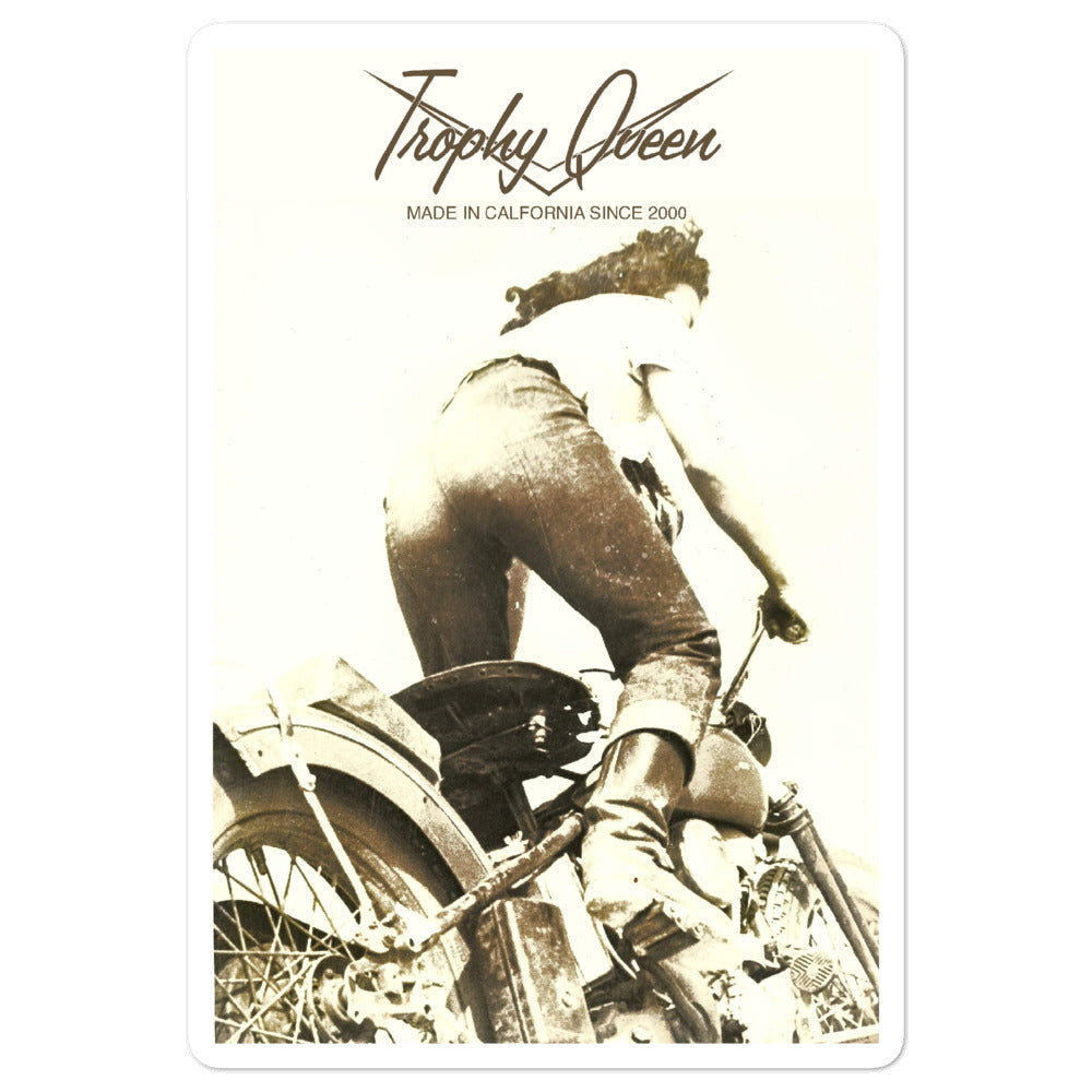 Trophy Queen Motogirl Sticker kiss cut stickers are printed on durable, high opacity adhesive vinyl which makes them perfect for regular indoor use as well as for covering other stickers or paint. The high-quality vinyl ensures fast and easy bubble-free application.