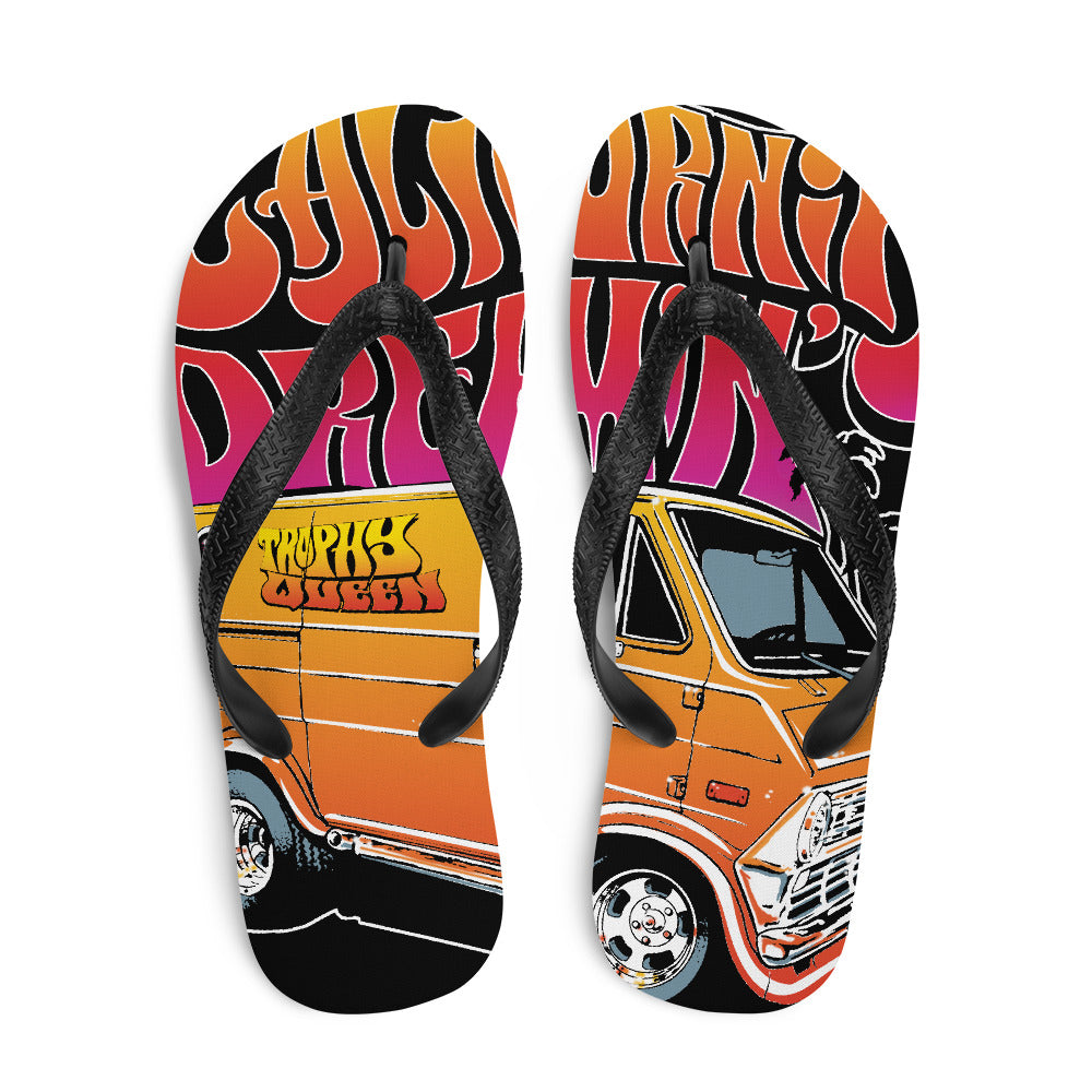 The perfect beach shoe, these California Dreamin' Artwork by American Artist Jason Cruz flip-flops with rubber soles and soft fabric lining these flip flops are sure to make you feel comfortable and look cool wherever your day takes you.