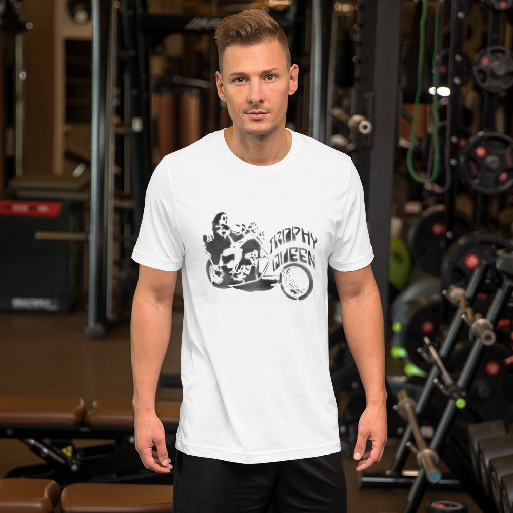 This t-shirt is everything you've dreamed of and more. Trophy Queen Chopper Stencil Art Logo by American Artist Scott Rocklandfeels is made of 100% combed and ring-spun cotton, soft, and lightweight, with the right amount of stretch. It's comfortable and flattering for both men and women with shoulder-to-shoulder taping. Perfect for all those biker babes and motorcycle men.