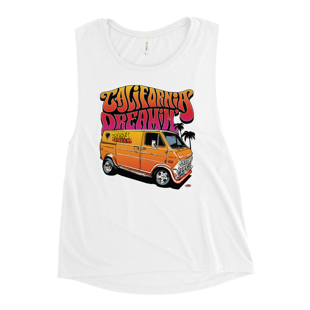 Trophy Queen California Dreamin' Logo by American Artist Jason Cruz low cut armhole relaxed tank top is super comfortable and flowy. Lightweight and curved bottom hem keeps you cool while looking cool in this muscle tank for ladies.