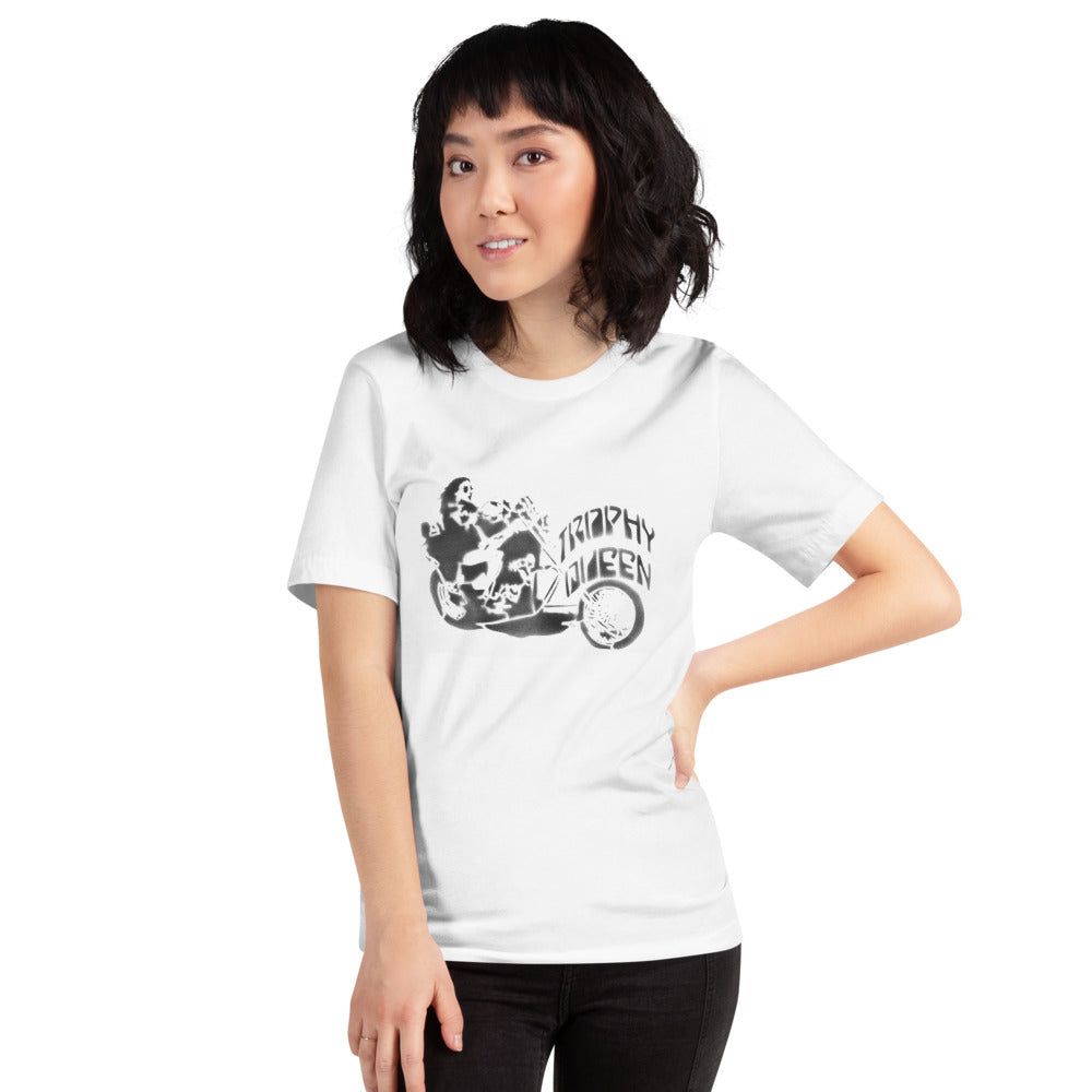 This t-shirt is everything you've dreamed of and more. Trophy Queen Chopper Stencil Art Logo by American Artist Scott Rocklandfeels is made of 100% combed and ring-spun cotton, soft, and lightweight, with the right amount of stretch. It's comfortable and flattering for both men and women with shoulder-to-shoulder taping. Perfect for all those biker babes and motorcycle men.