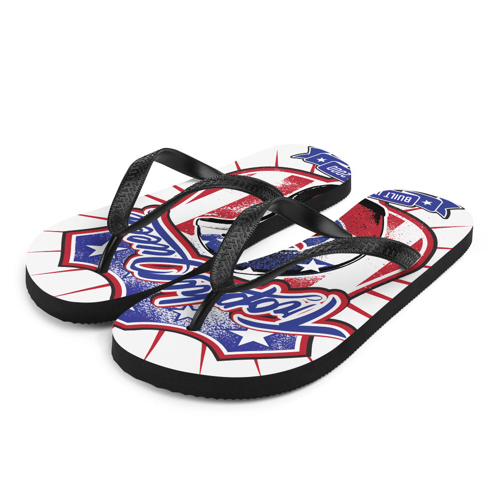 Prepare for an adventurous and carefree summer with a pair of colorful slippers that are created just for you! The perfect beach shoe, these Trophy Queen Helmet Logo by American Artist Keven Carter flip-flops with rubber soles and soft fabric lining these slippers are sure to make you feel comfortable and look cool wherever your day takes you.