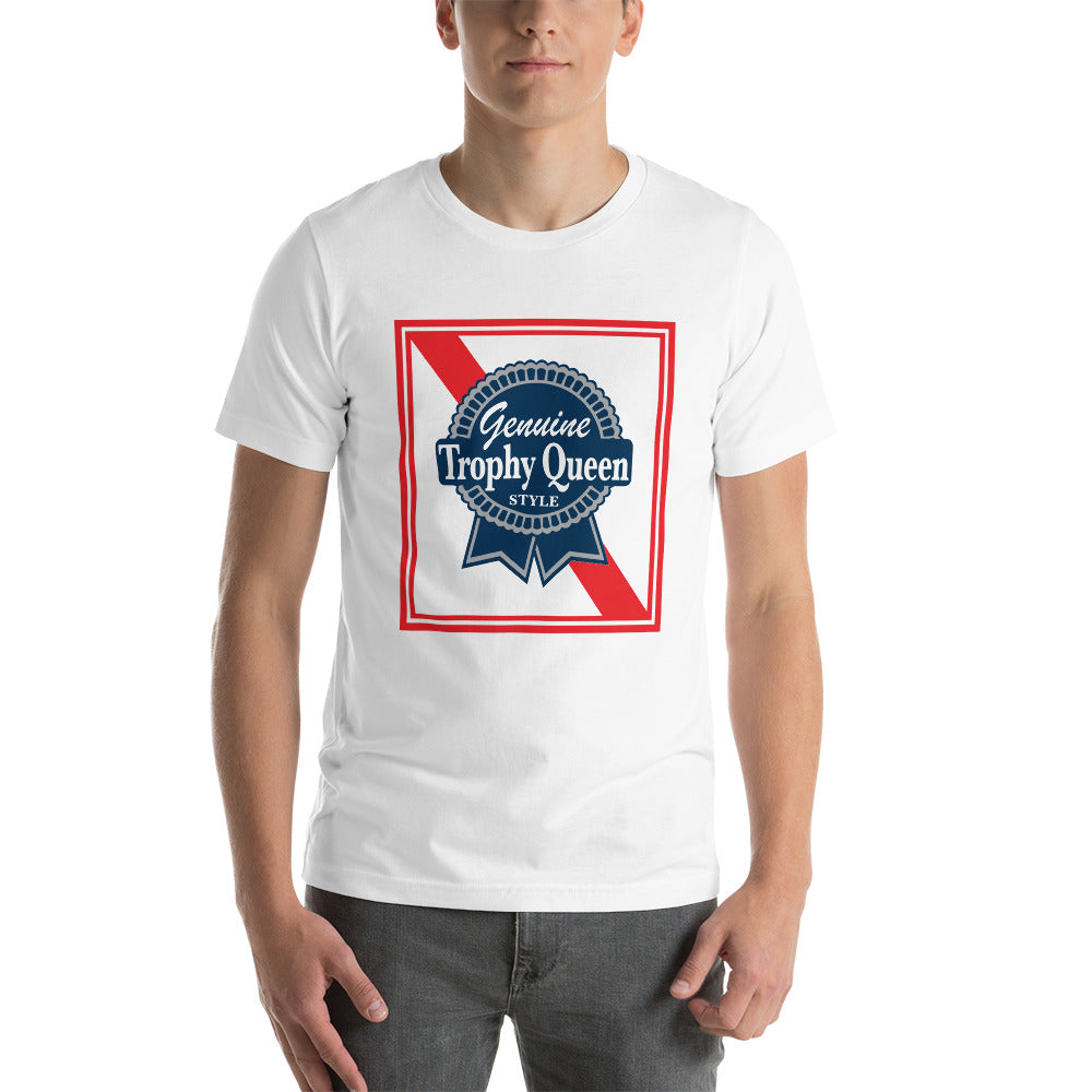 Trophy Queen Blue Ribbon Logo Artwork by American Artist Keven Carter on soft and lightweight, white 100% combed and ring-spun preshrunk cotton. This t-shirt is everything you've dreamed of and more. It feels soft and lightweight, with the right amount of stretch. It's comfortable and flattering for both men and women. Note, other colors different cotton polyester blends