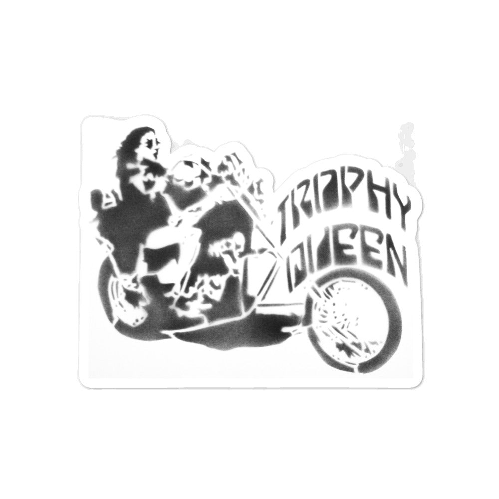 Trophy Queen Chopper Stencil Art by American Artist Scott Rockland kiss cut stickers are printed on durable, high opacity adhesive vinyl which makes them perfect for regular indoor use as well as for covering other stickers or paint. The high-quality vinyl ensures fast and easy bubble-free application.