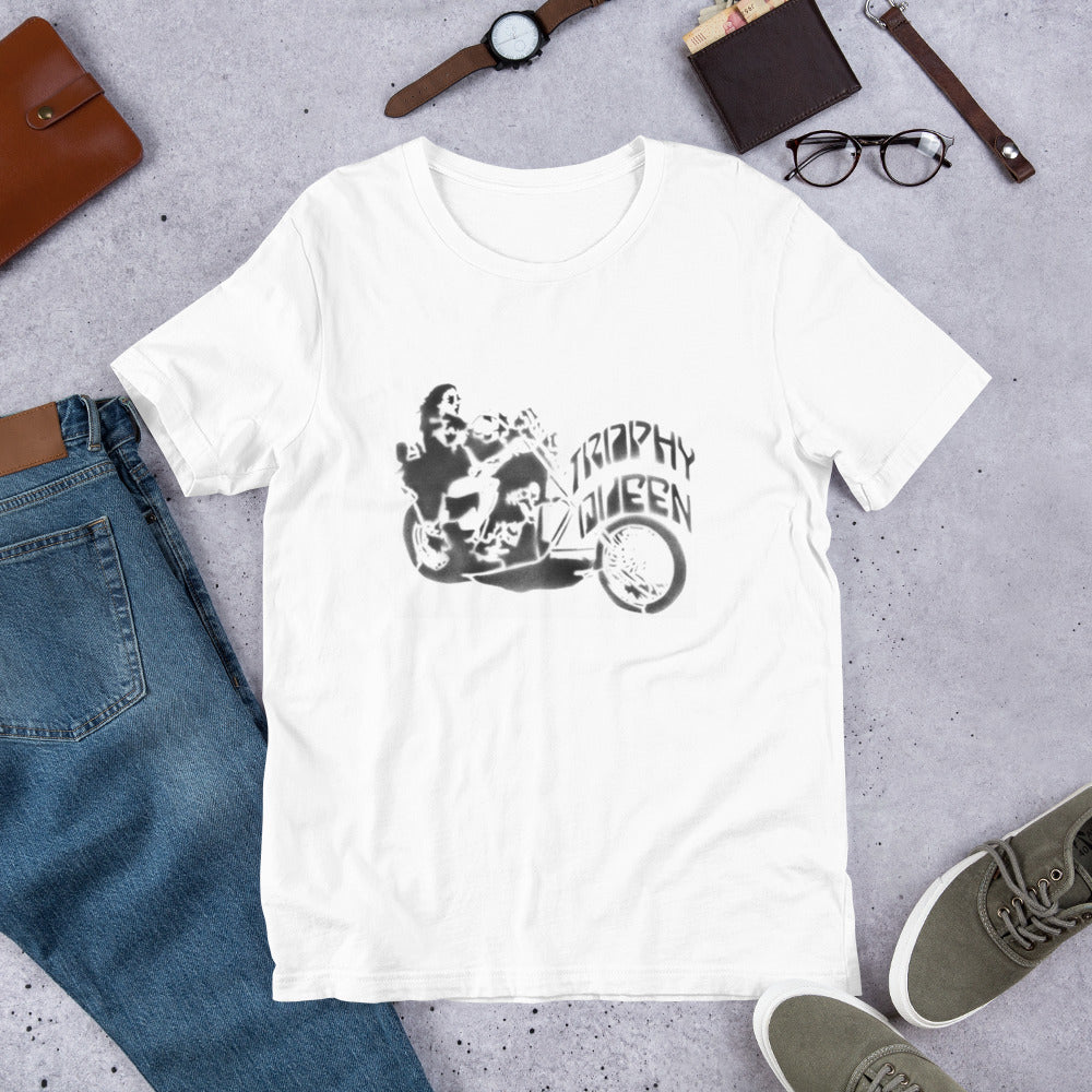 This t-shirt is everything you've dreamed of and more. Trophy Queen Chopper Stencil Art Logo by American Artist Scott Rocklandfeels is made of 100% combed and ring-spun cotton, soft, and lightweight, with the right amount of stretch. It's comfortable and flattering for both men and women with shoulder-to-shoulder taping. Perfect for all those biker babes and motorcycle men.