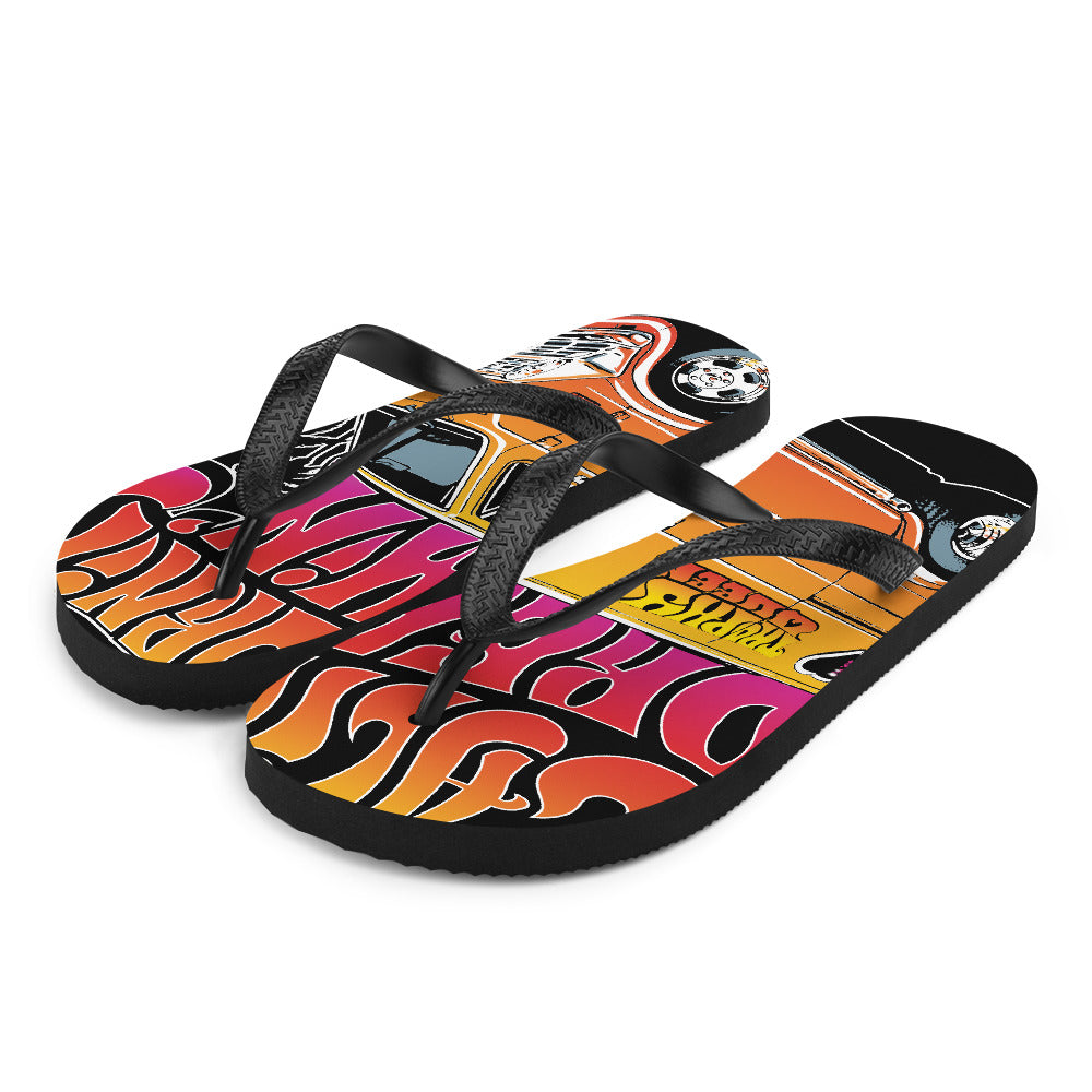 The perfect beach shoe, these California Dreamin' Artwork by American Artist Jason Cruz flip-flops with rubber soles and soft fabric lining these flip flops are sure to make you feel comfortable and look cool wherever your day takes you.