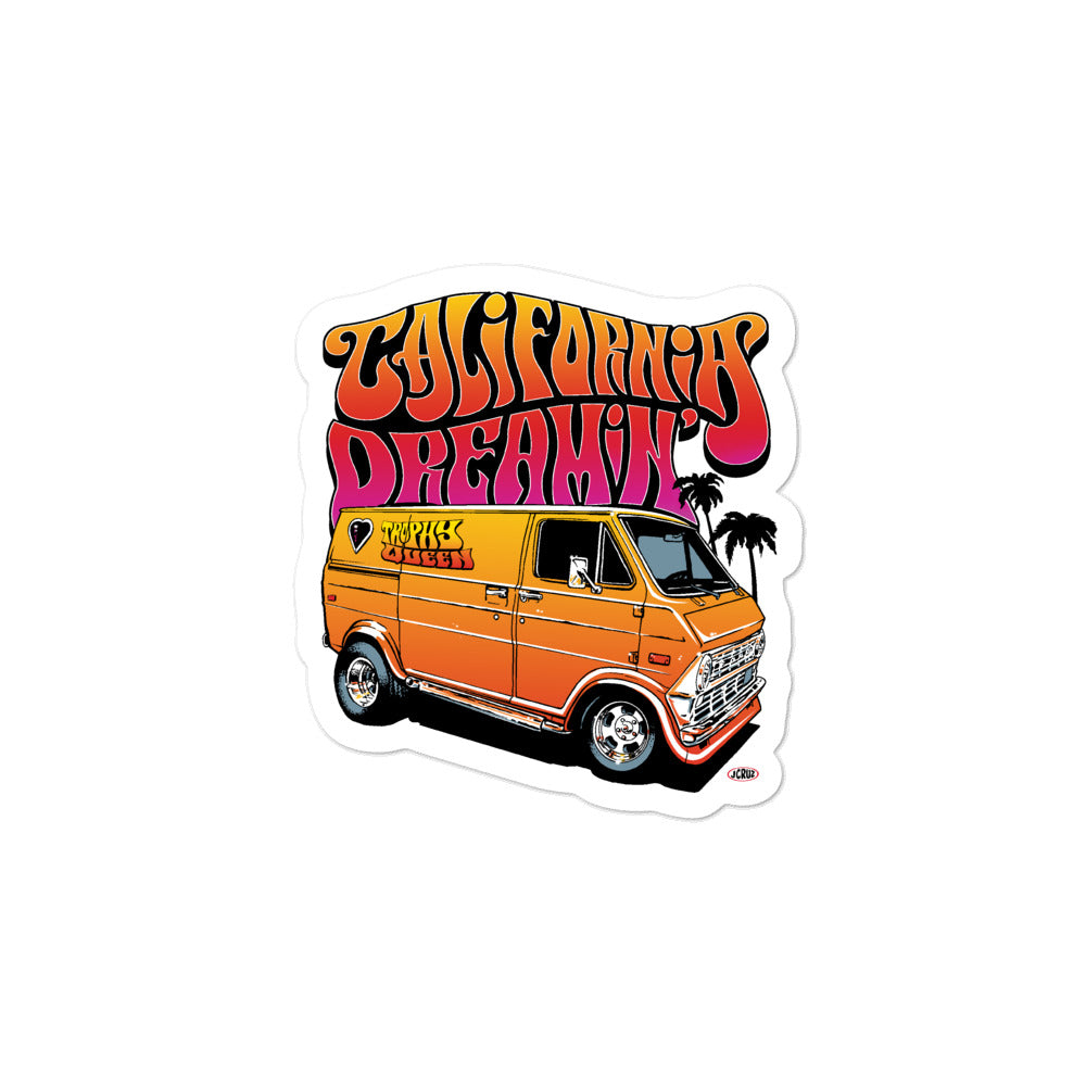Trophy Queen California Dreamin' Logo by American Artist Jason Cruz kiss cut stickers are printed on durable, high opacity adhesive vinyl which makes them perfect for regular indoor use as well as for covering other stickers or paint. The high-quality vinyl ensures fast and easy bubble-free application.