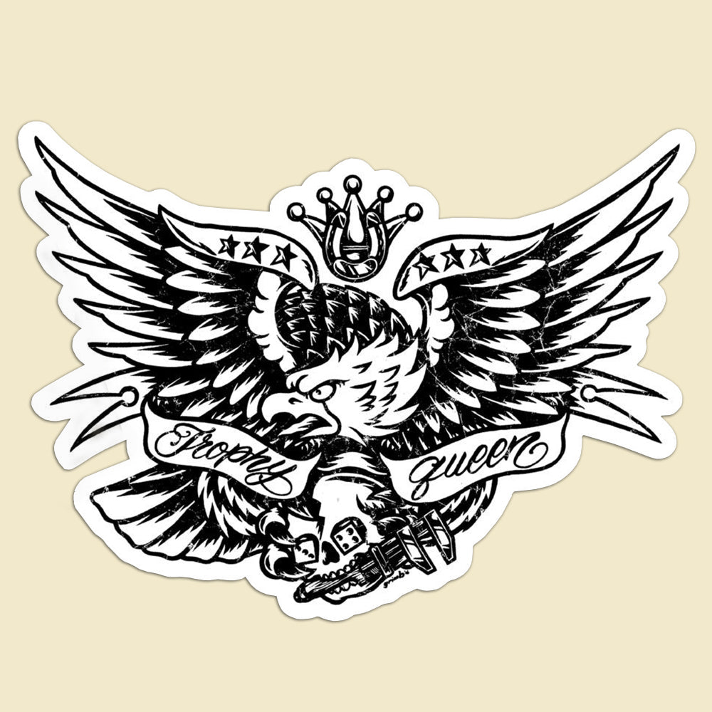 Trophy Queen Eagle Design by Japanese Artist GRIMM kiss cut stickers are printed on durable, high opacity adhesive vinyl which makes them perfect for regular indoor use as well as for covering other stickers or paint. The high-quality vinyl ensures fast and easy bubble-free application.