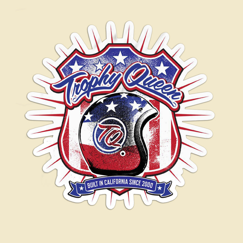 Trophy Queen Helmet Logo by American Artist Keven Carter kiss cut stickers are printed on durable, high opacity adhesive vinyl which makes them perfect for regular indoor use as well as for covering other stickers or paint. The high-quality vinyl ensures fast and easy bubble-free application.