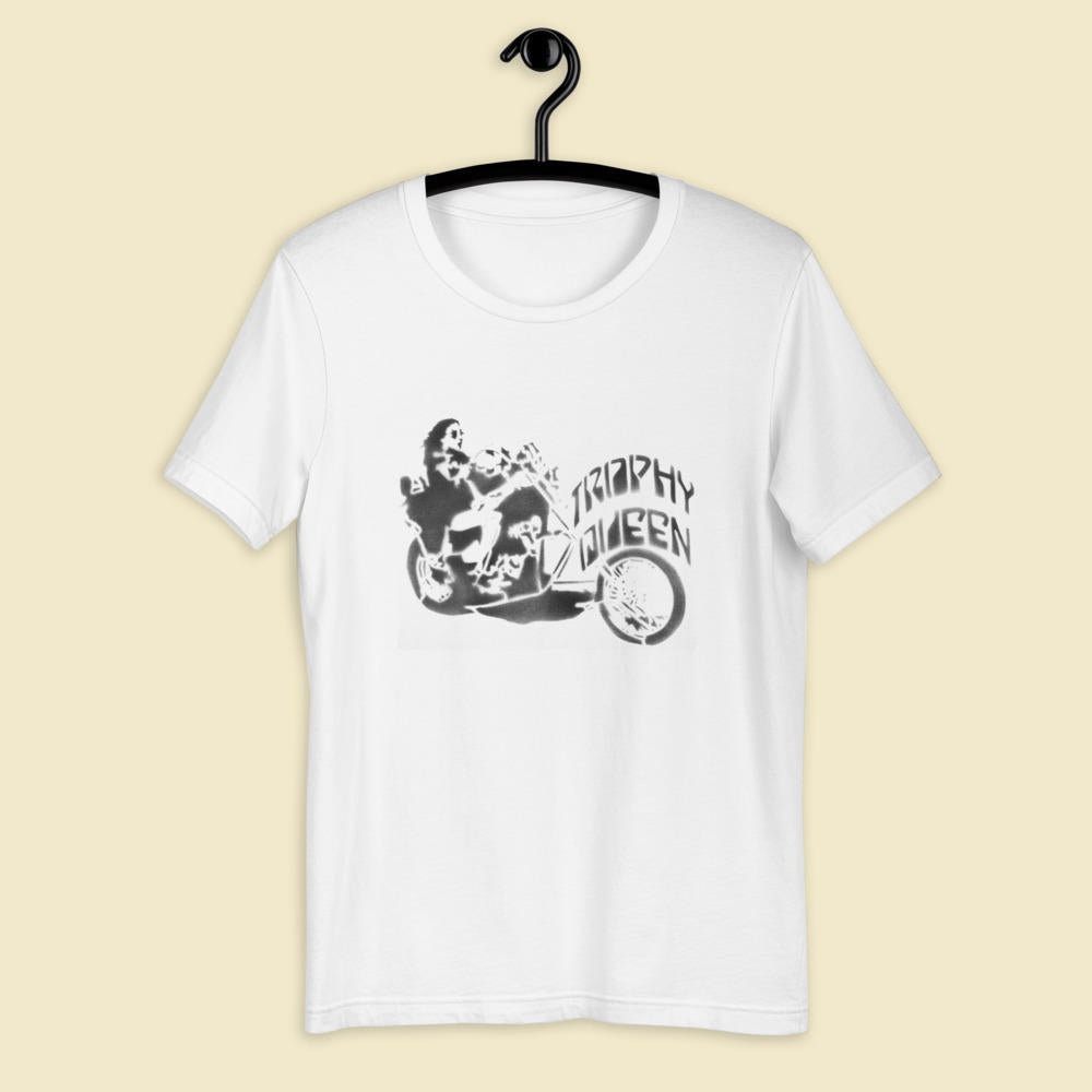 This t-shirt is everything you've dreamed of and more. Trophy Queen Chopper Stencil Art Logo by American Artist Scott Rocklandfeels is made of 100% combed and ring-spun cotton, soft, and lightweight, with the right amount of stretch. It's comfortable and flattering for both men and women with shoulder-to-shoulder taping. Perfect for all those biker babes and motorcycle men.