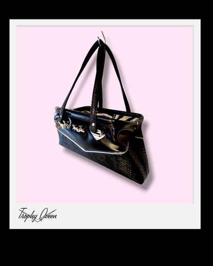 Lucille Handbag - Black Croc / Black Gloss- Zebra Lining