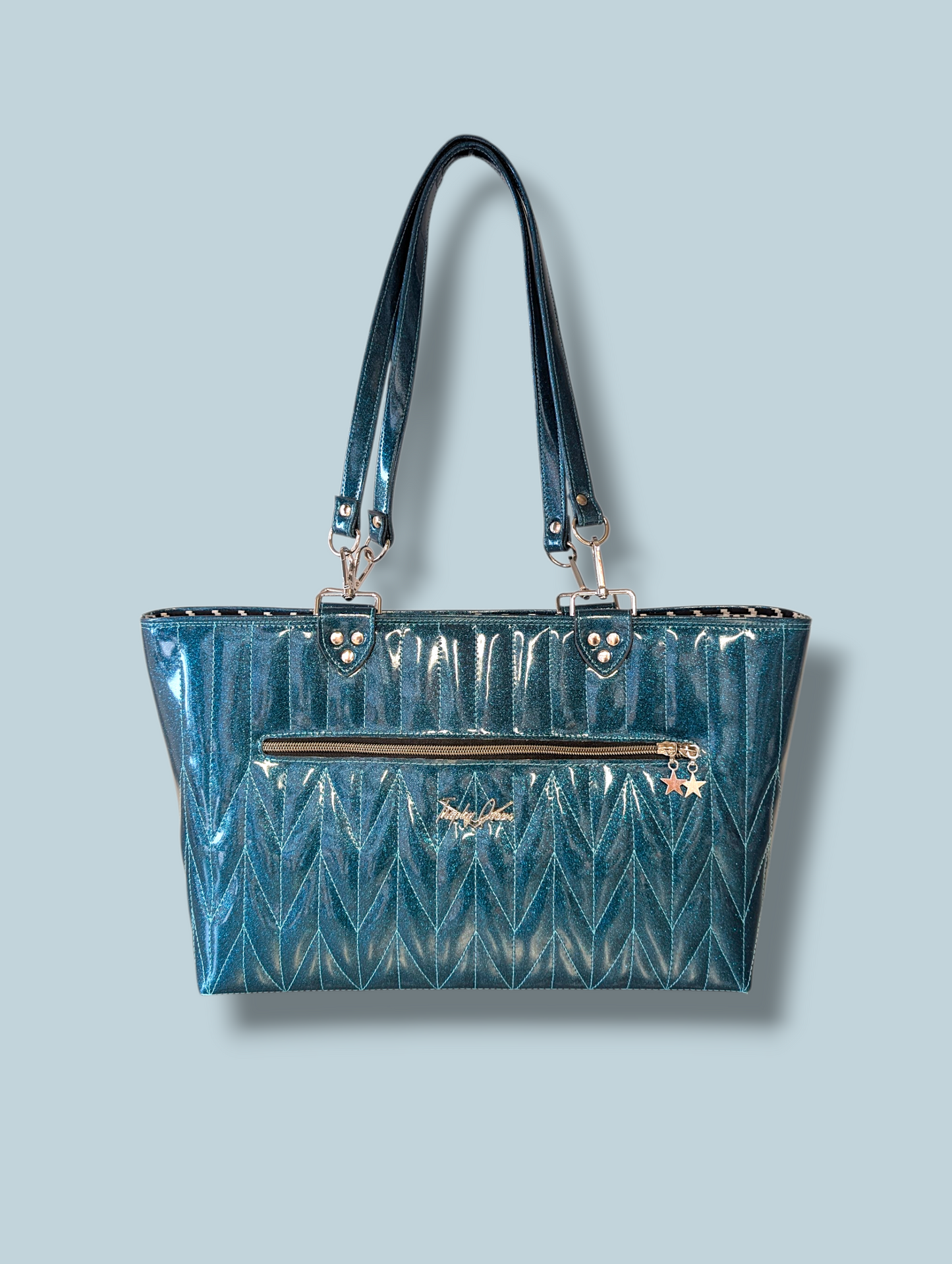 Open Tote with Firebird Pleating - Teal Flake / B&W Houndstooth Lining