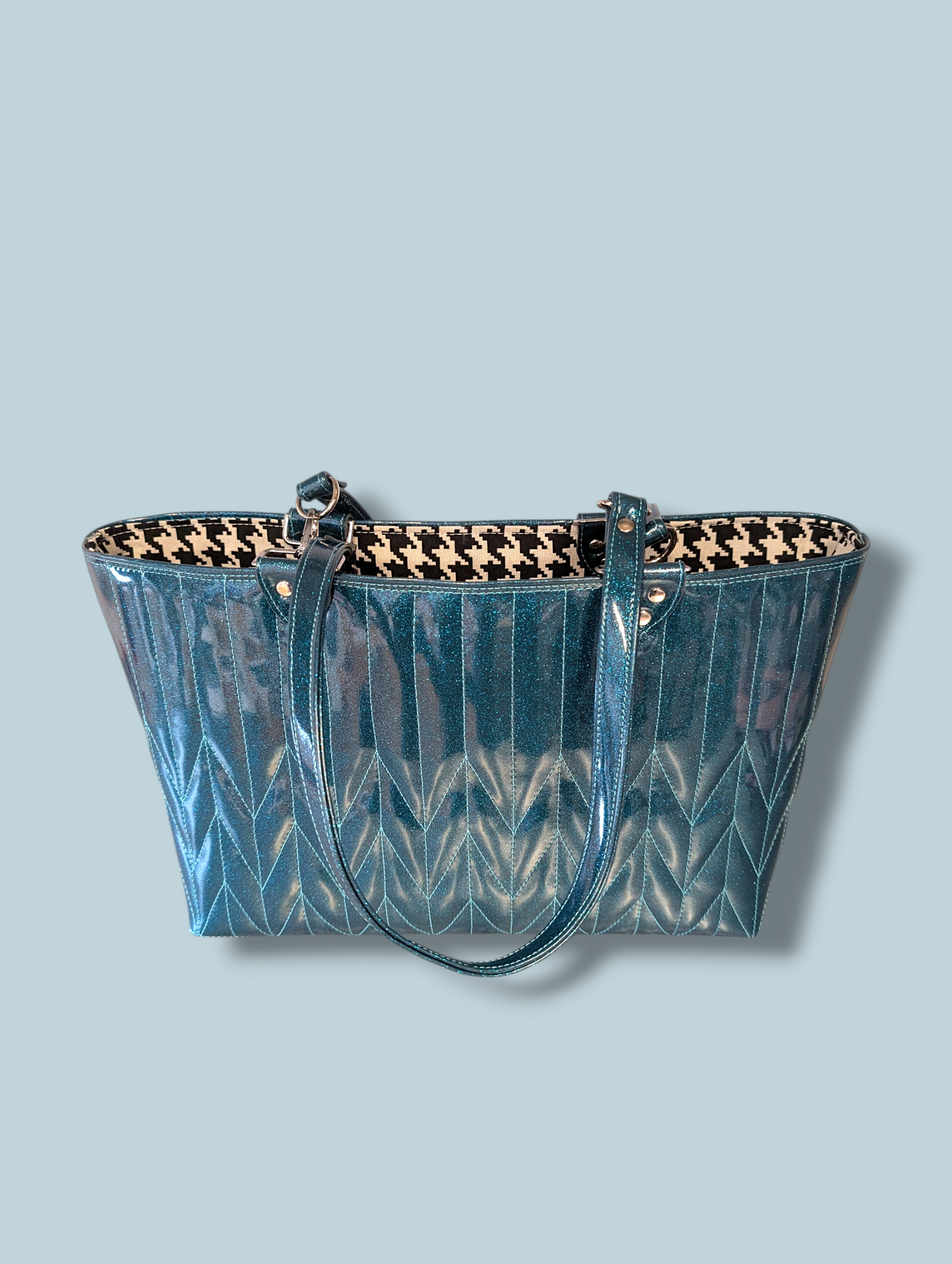 Open Tote with Firebird Pleating - Teal Flake / B&W Houndstooth Lining